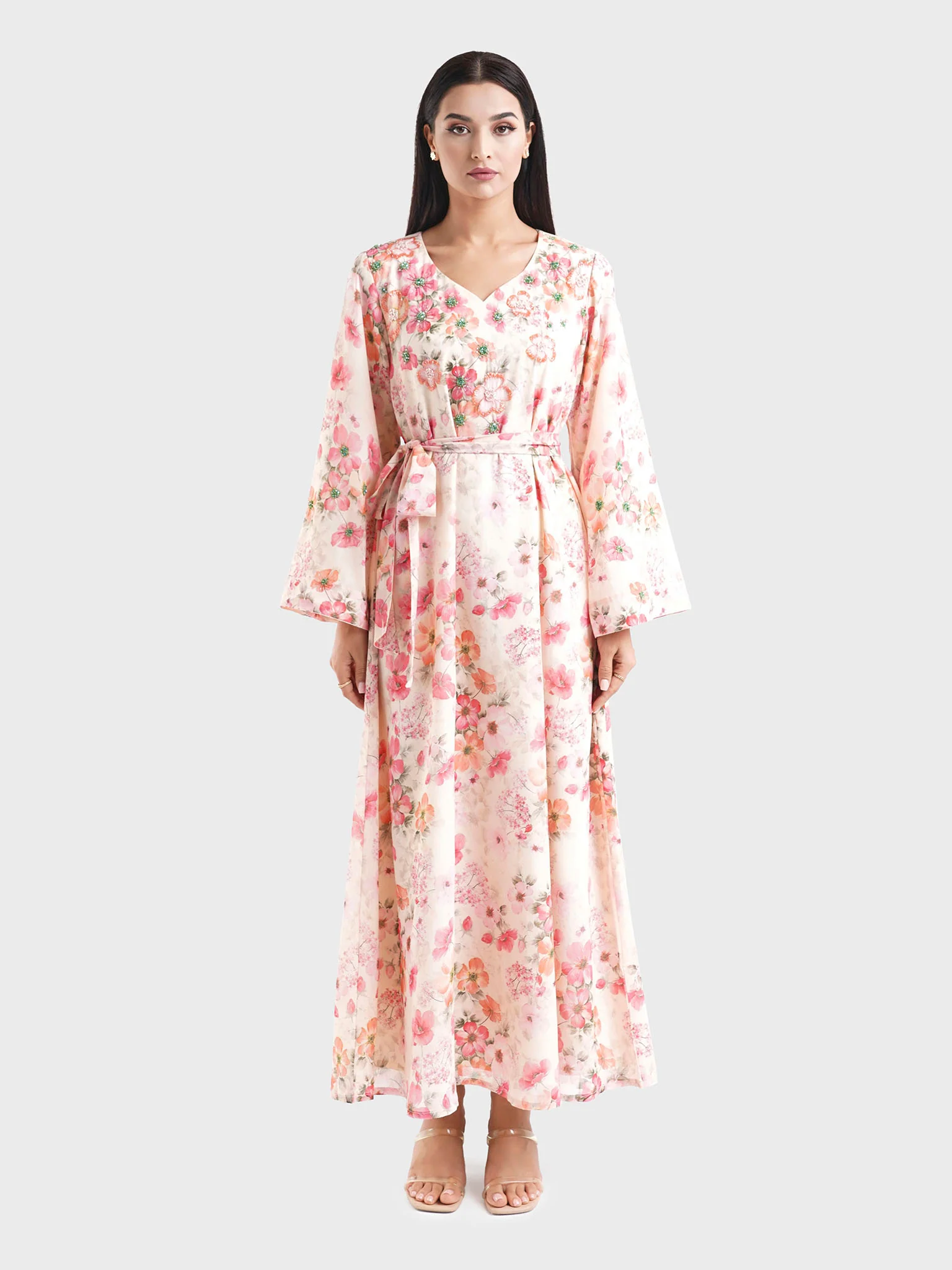 Cream Georgette Floral Print Dress with Beadwork (VDM829) - Image 2