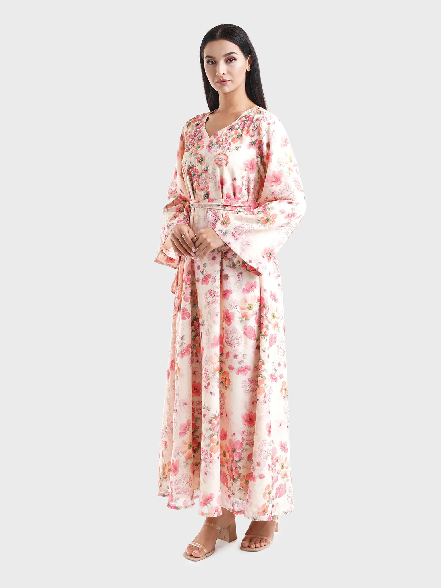 Cream Georgette Floral Print Dress with Beadwork (VDM829) - Image 3