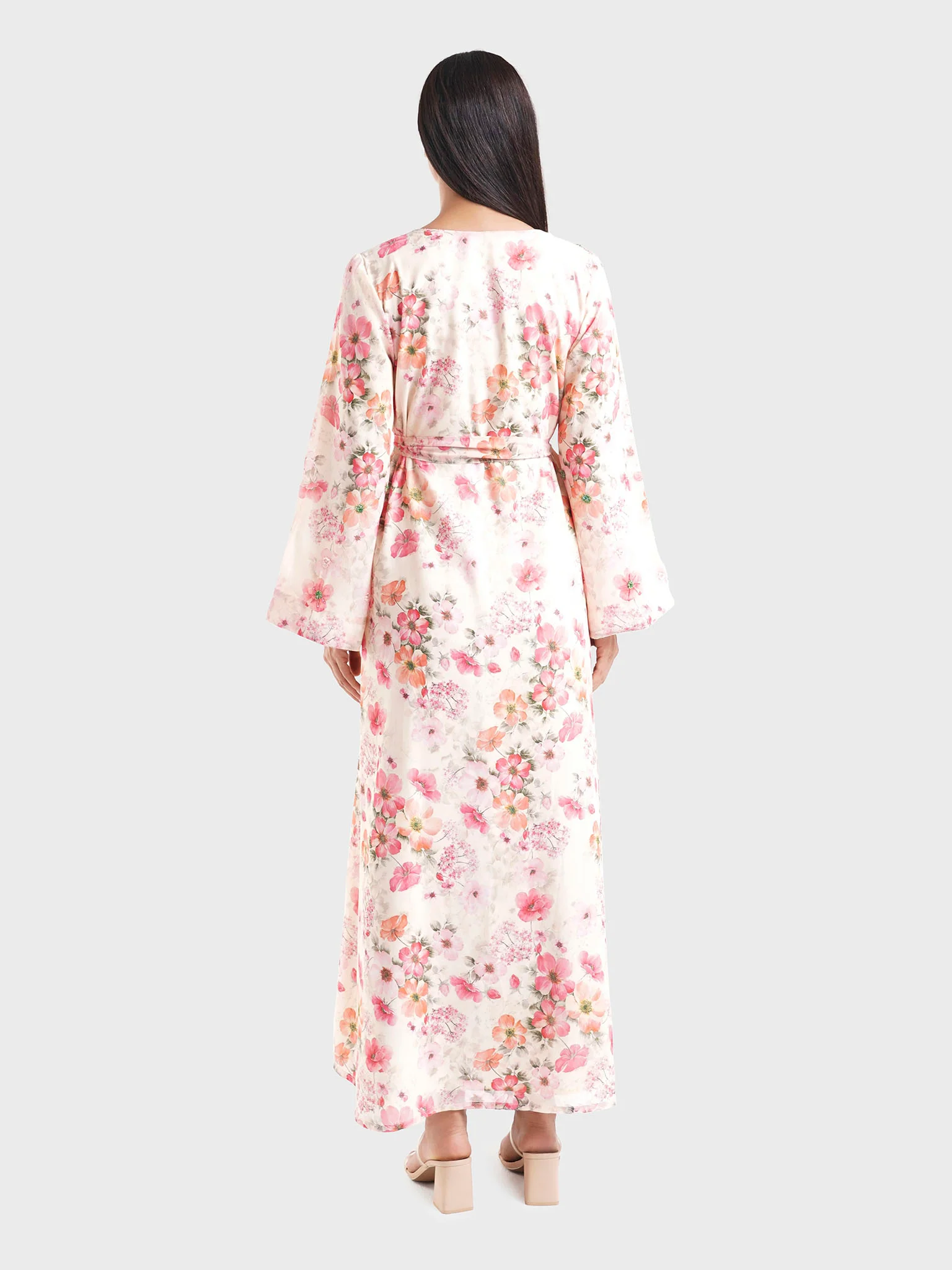 Cream Georgette Floral Print Dress with Beadwork (VDM829) - Image 4