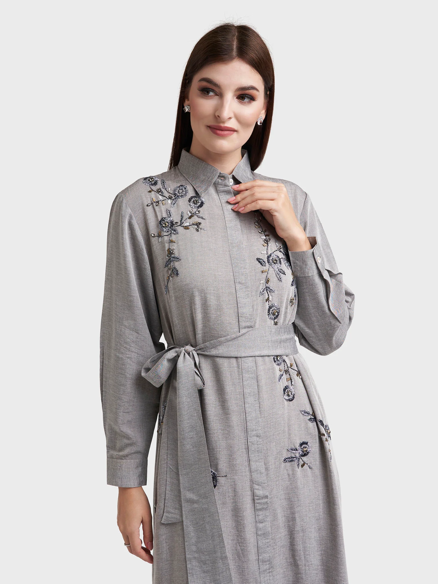 Ash Grey Shirt Dress with Handwork (VDP408)