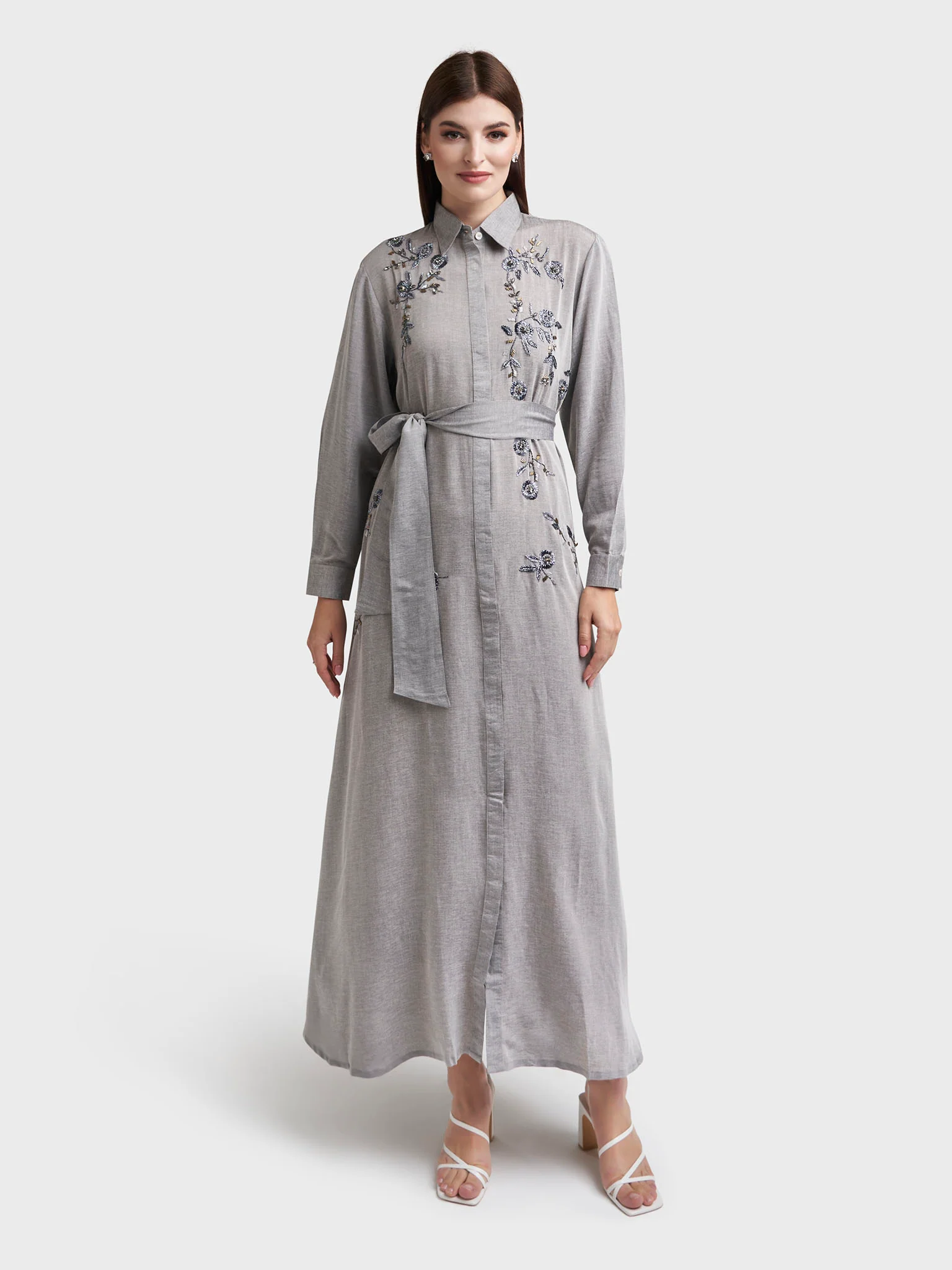 Ash Grey Shirt Dress with Handwork (VDP408) - Image 2