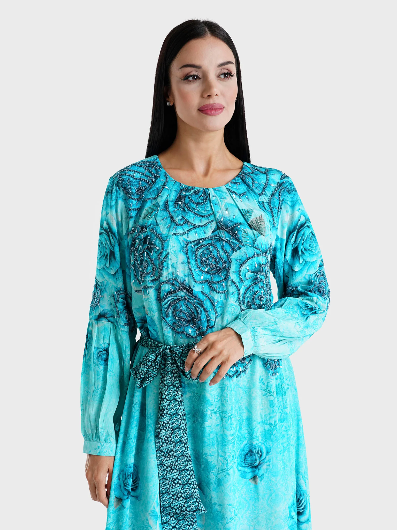 Blue Floral Printed Viscose Crepe Hand Work Maxi Dress (VDU808)