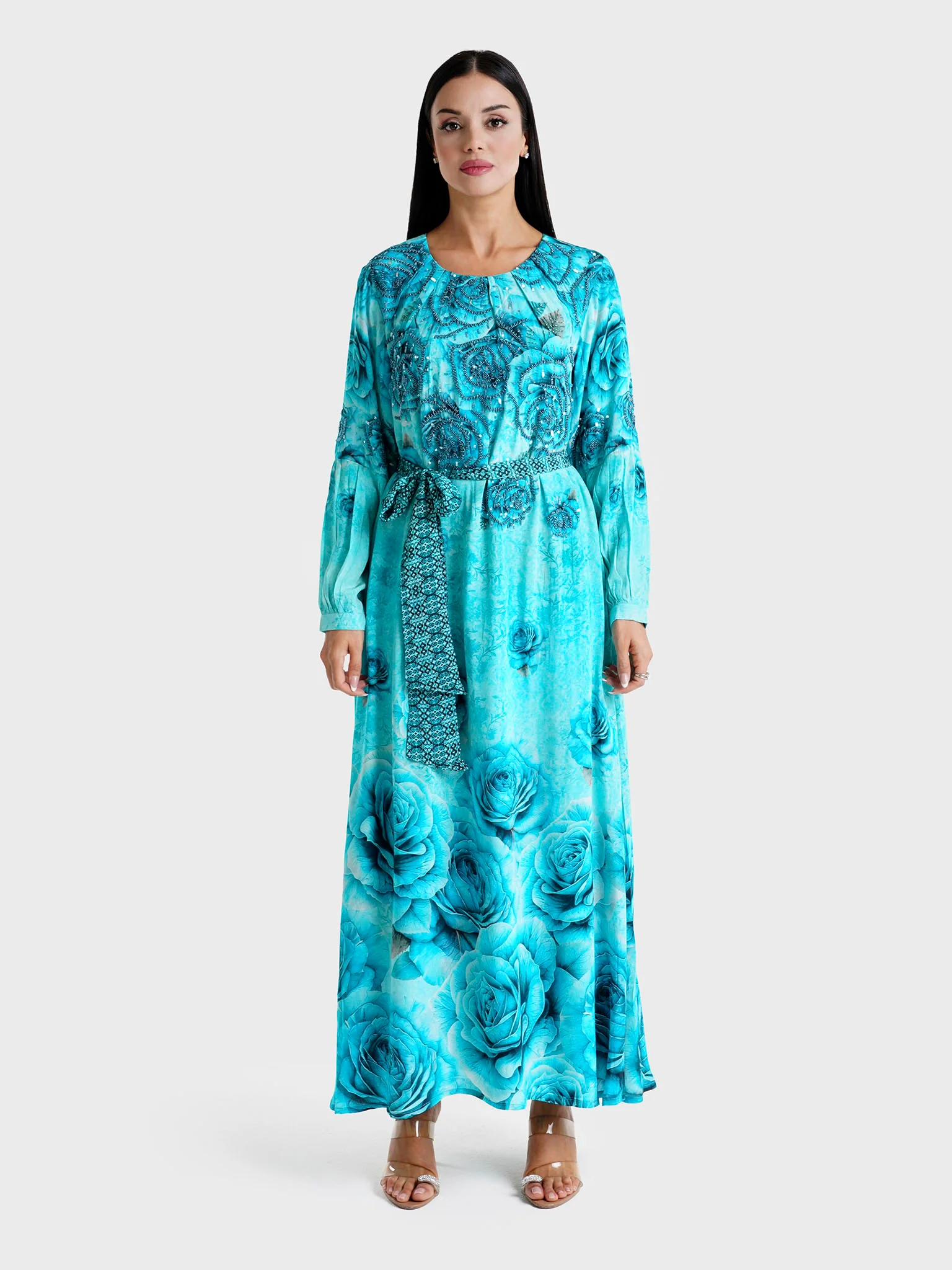 Blue Floral Printed Viscose Crepe Hand Work Maxi Dress (VDU808) - Image 2