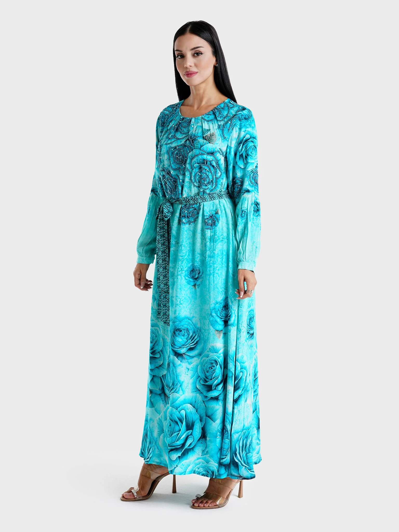 Blue Floral Printed Viscose Crepe Hand Work Maxi Dress (VDU808) - Image 3