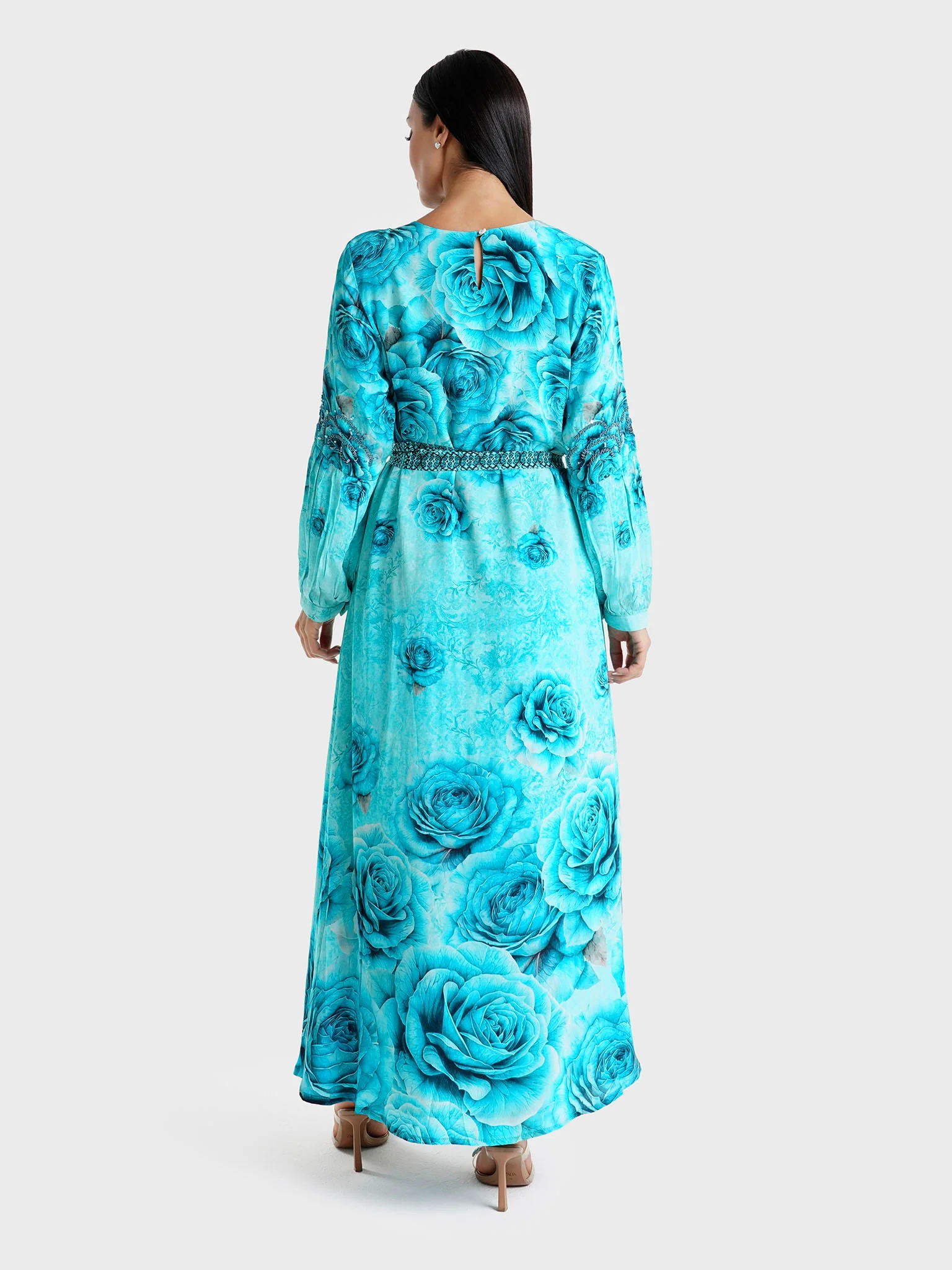Blue Floral Printed Viscose Crepe Hand Work Maxi Dress (VDU808) - Image 4
