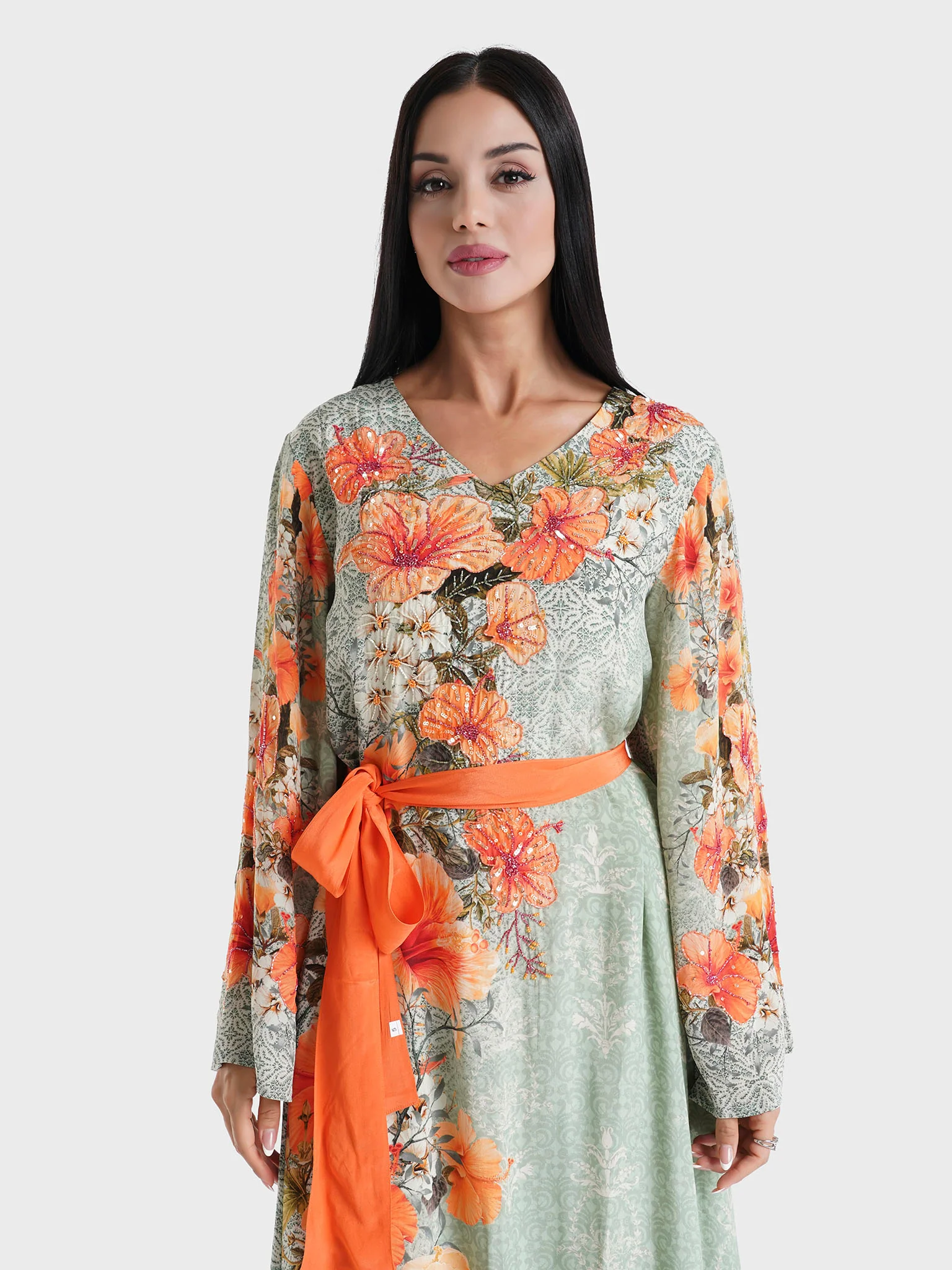 Sage Green Floral Printed Viscose Crepe Hand Work Maxi Dress (VDU810)