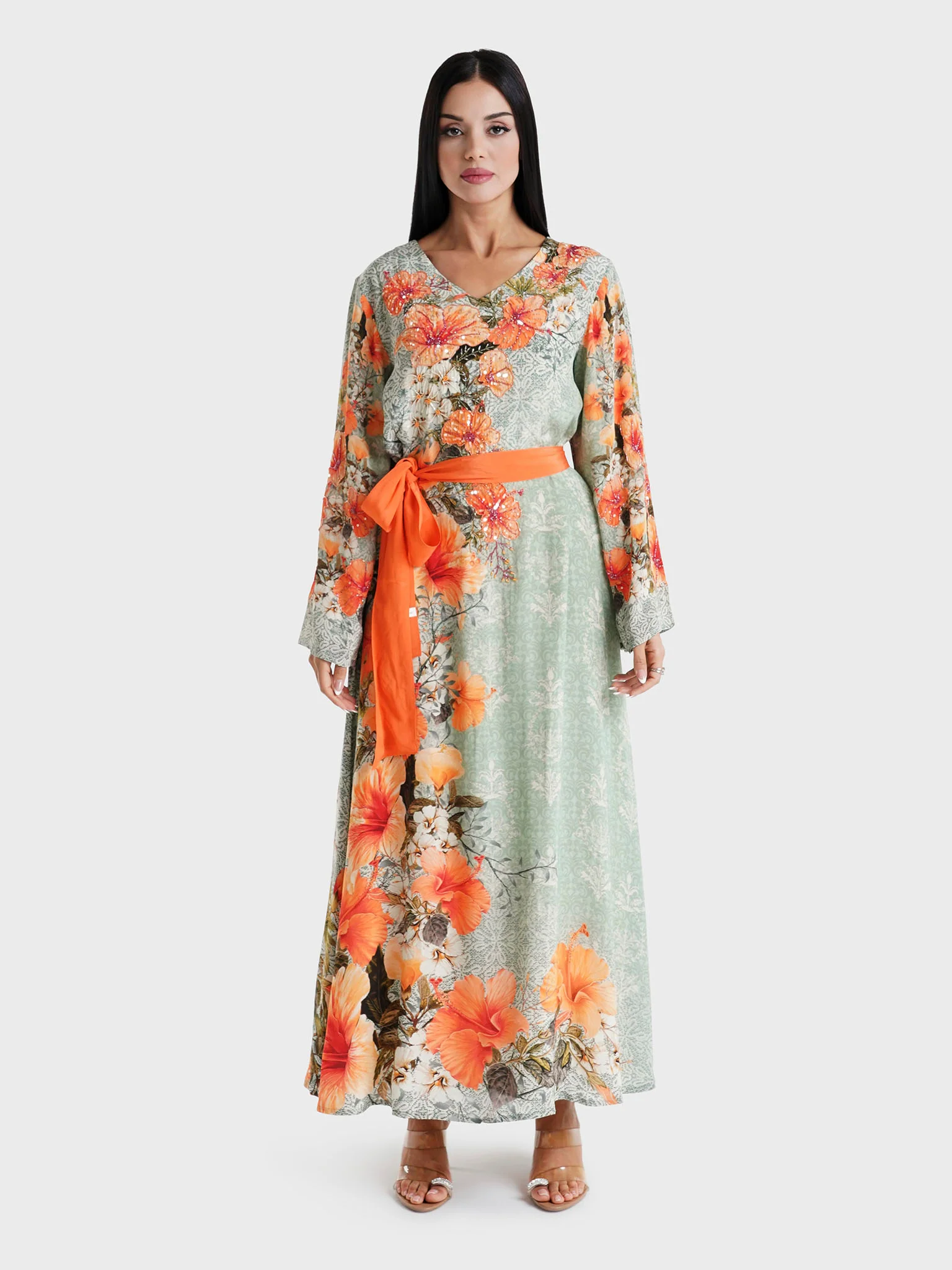 Sage Green Floral Printed Viscose Crepe Hand Work Maxi Dress (VDU810) - Image 2
