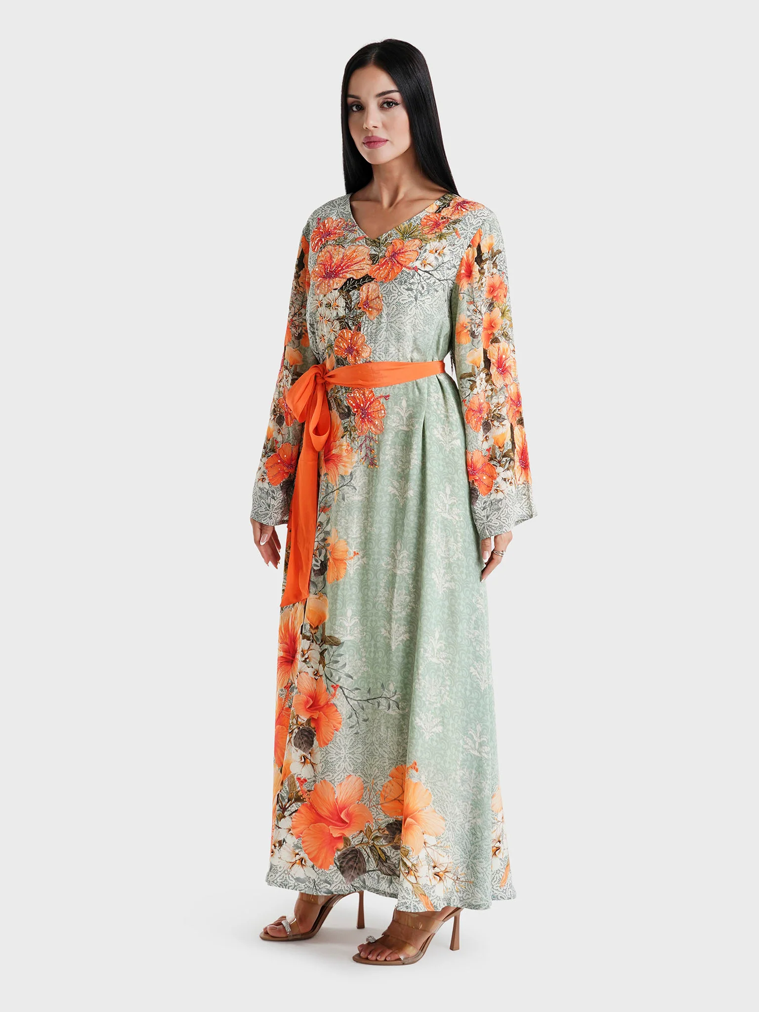 Sage Green Floral Printed Viscose Crepe Hand Work Maxi Dress (VDU810) - Image 3