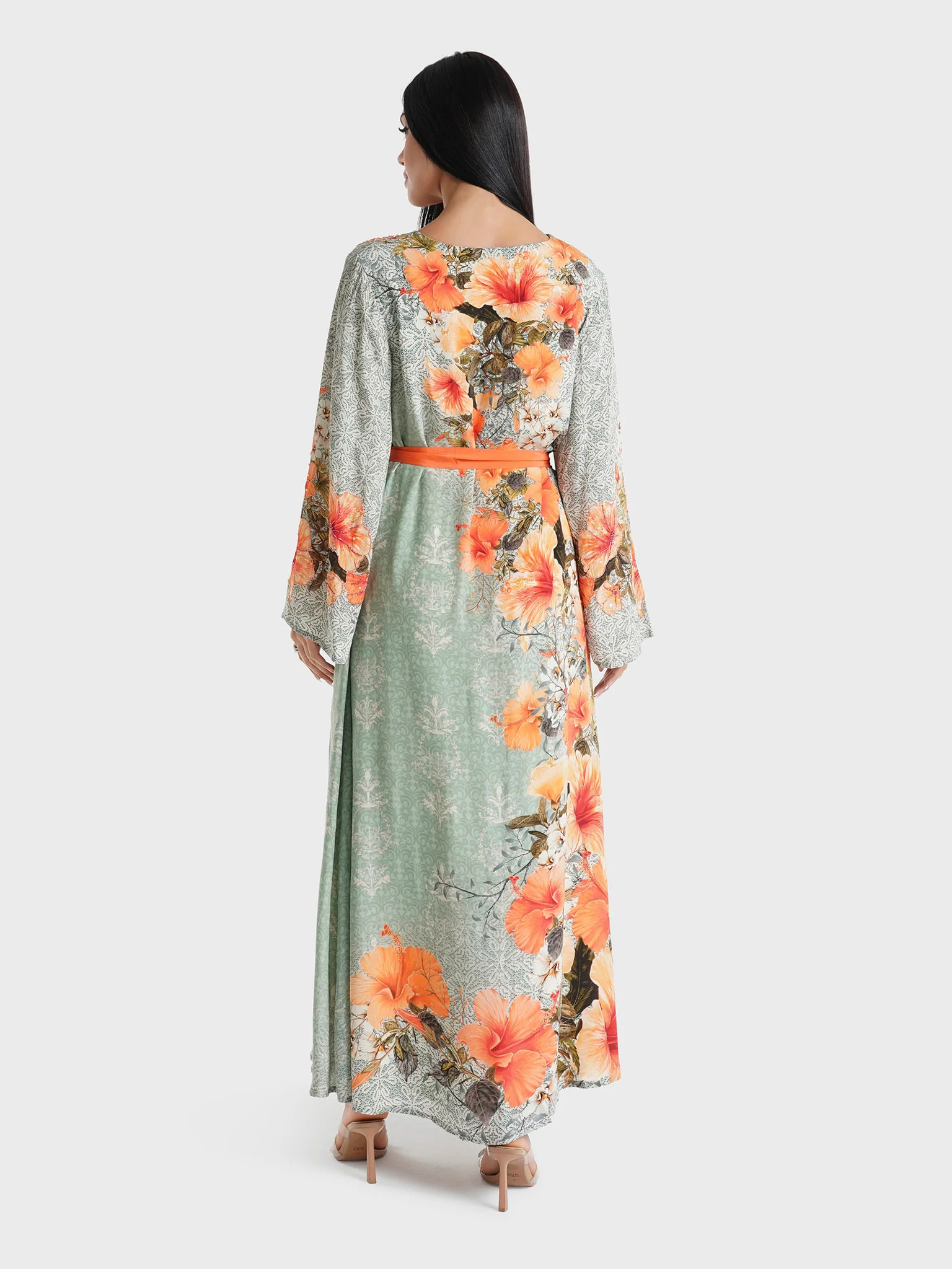 Sage Green Floral Printed Viscose Crepe Hand Work Maxi Dress (VDU810) - Image 4