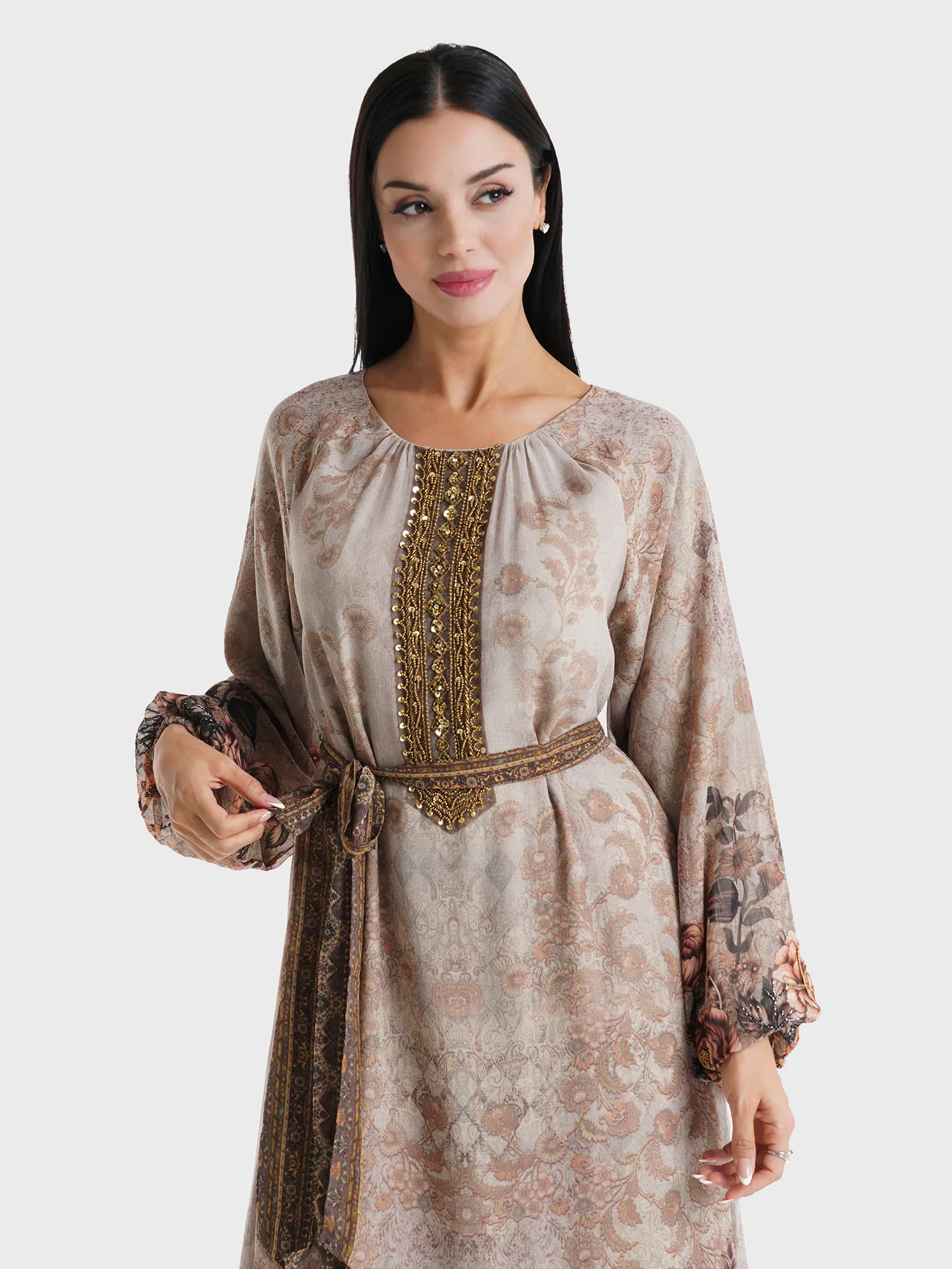 Brown Floral Printed Chiffon Hand Work Maxi Dress (VDU811)