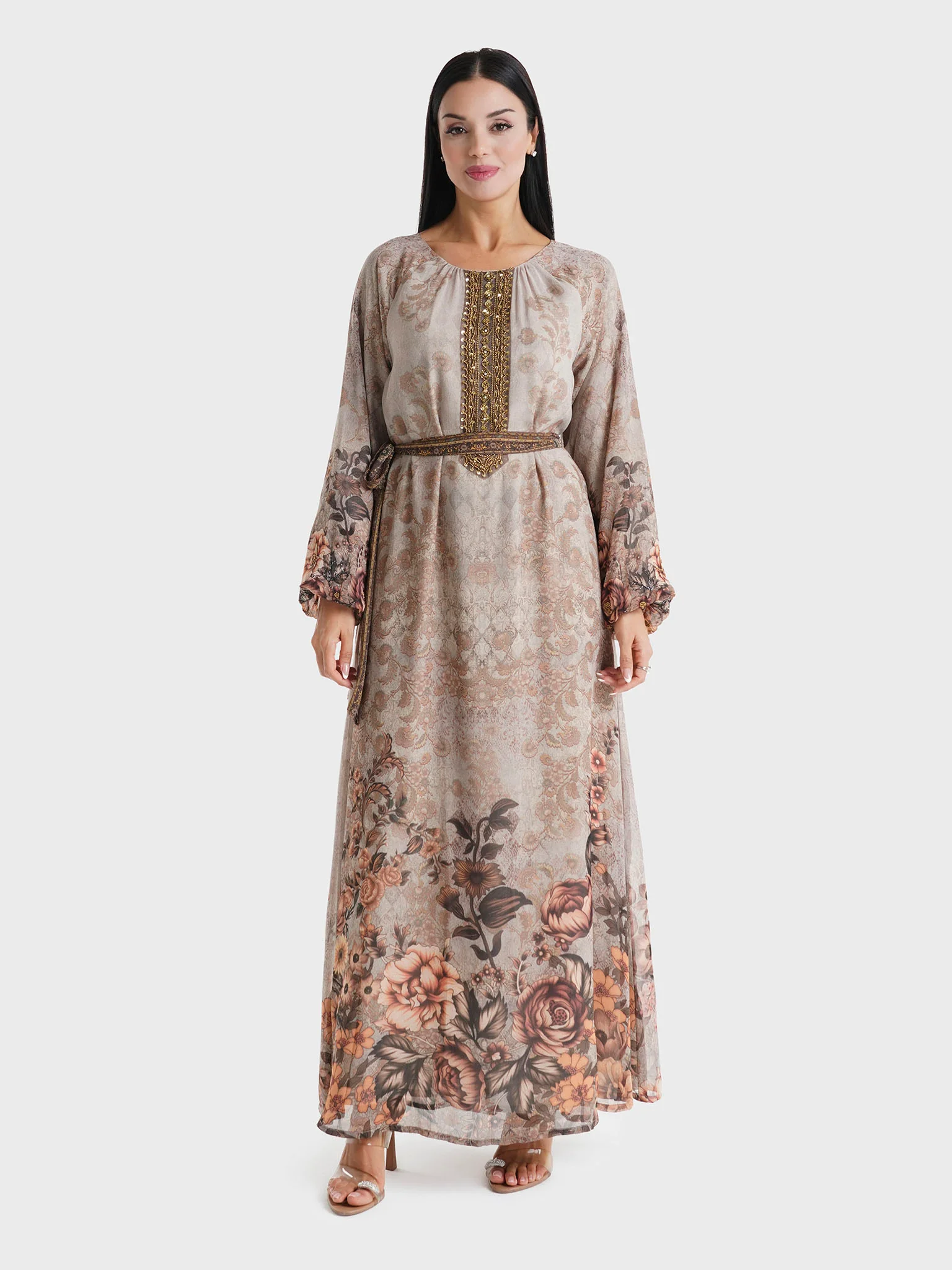 Brown Floral Printed Chiffon Hand Work Maxi Dress (VDU811) - Image 2