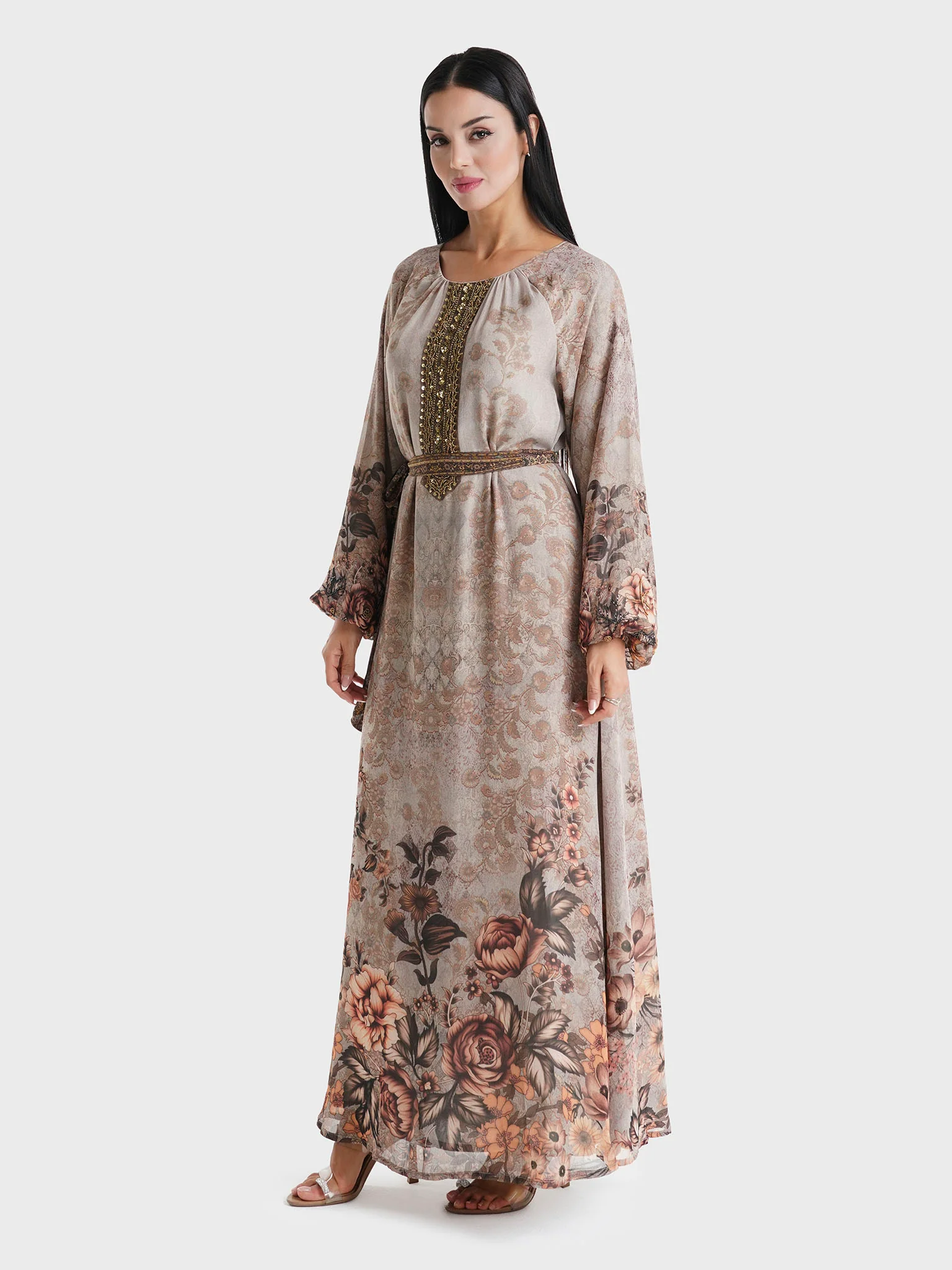 Brown Floral Printed Chiffon Hand Work Maxi Dress (VDU811) - Image 3