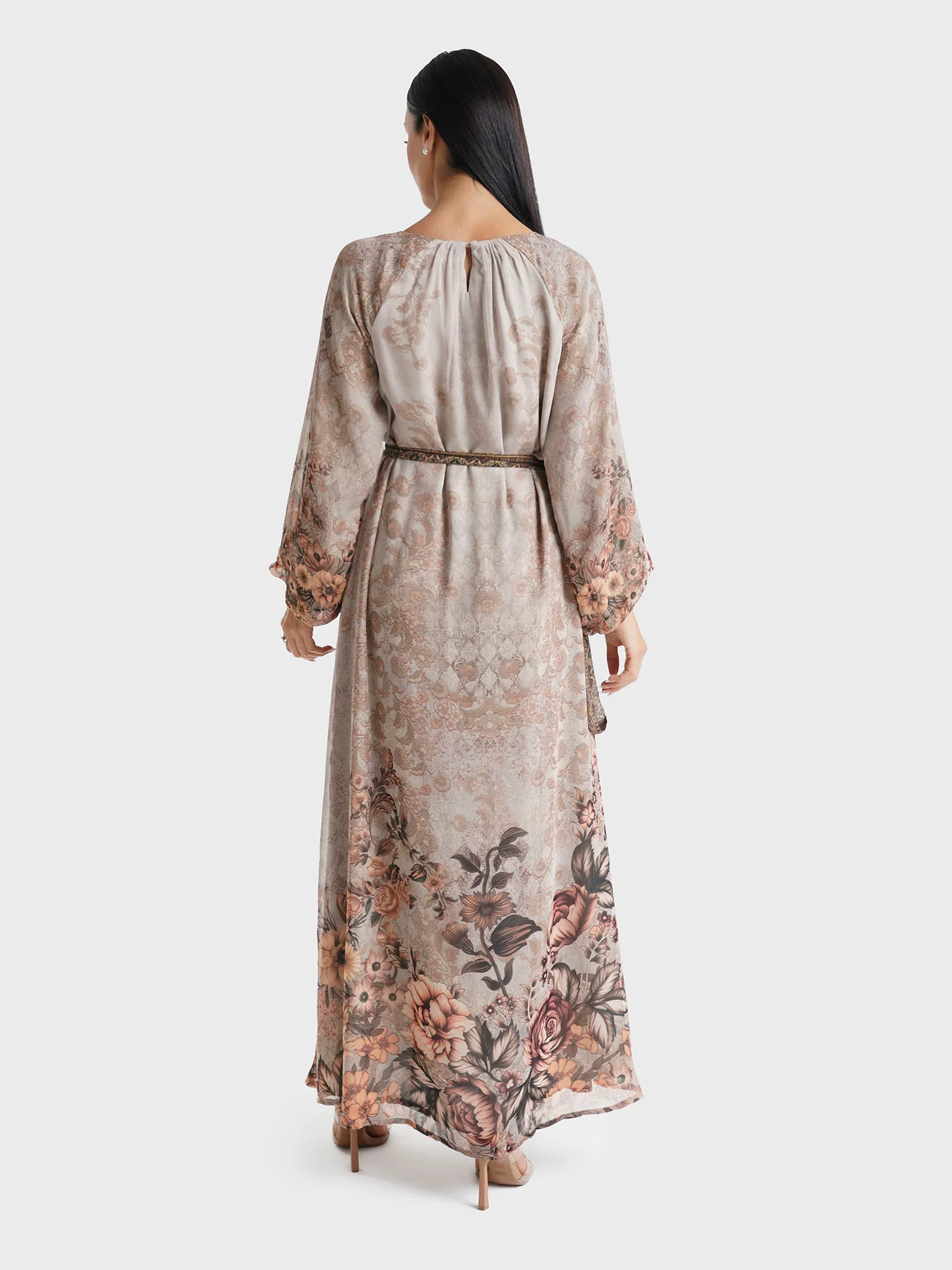 Brown Floral Printed Chiffon Hand Work Maxi Dress (VDU811) - Image 4