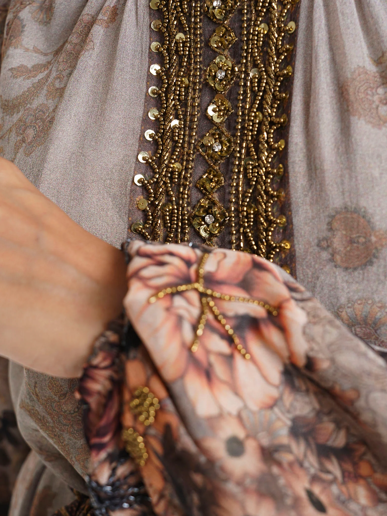 Brown Floral Printed Chiffon Hand Work Maxi Dress (VDU811) - Image 5