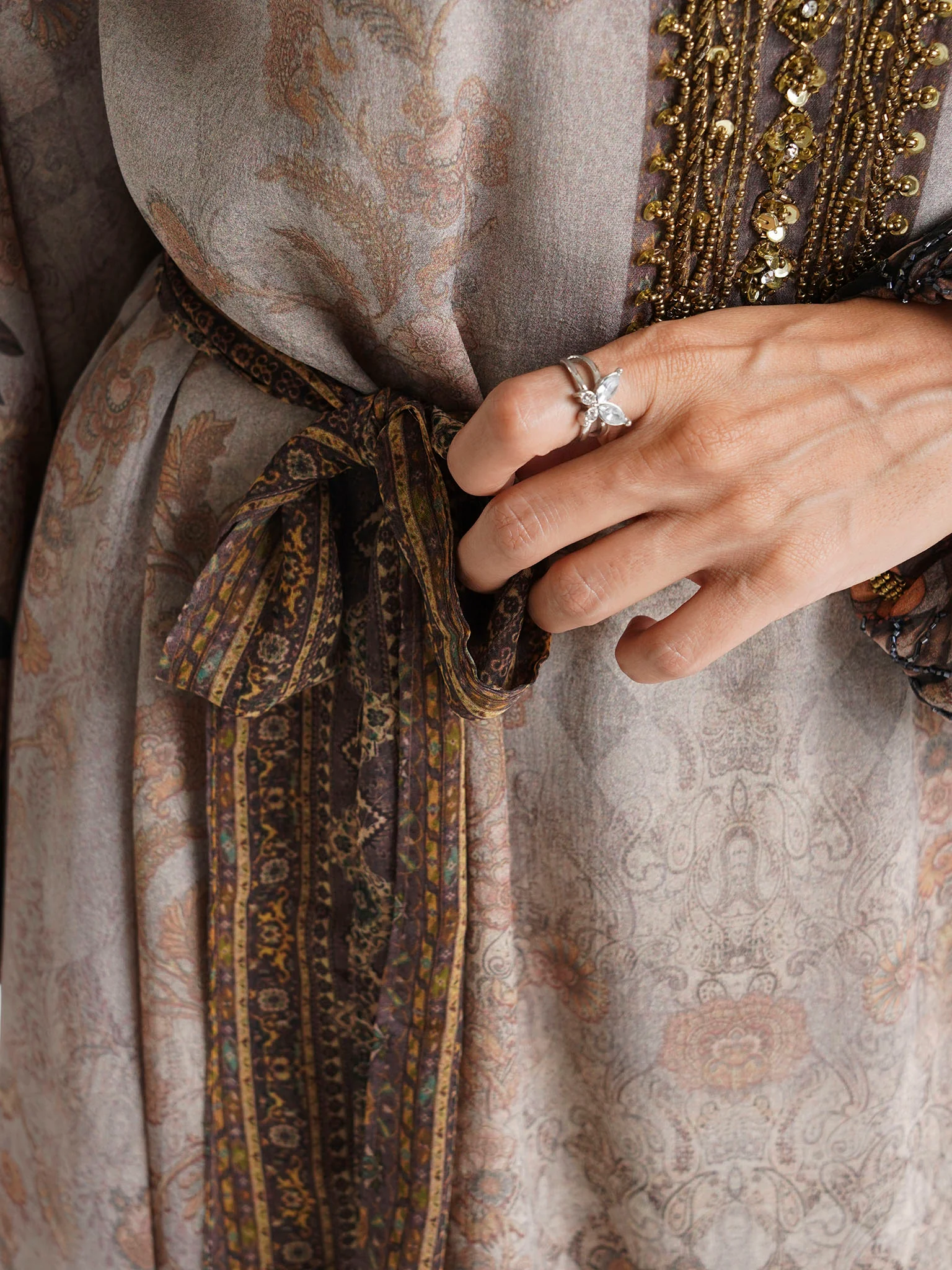 Brown Floral Printed Chiffon Hand Work Maxi Dress (VDU811) - Image 6