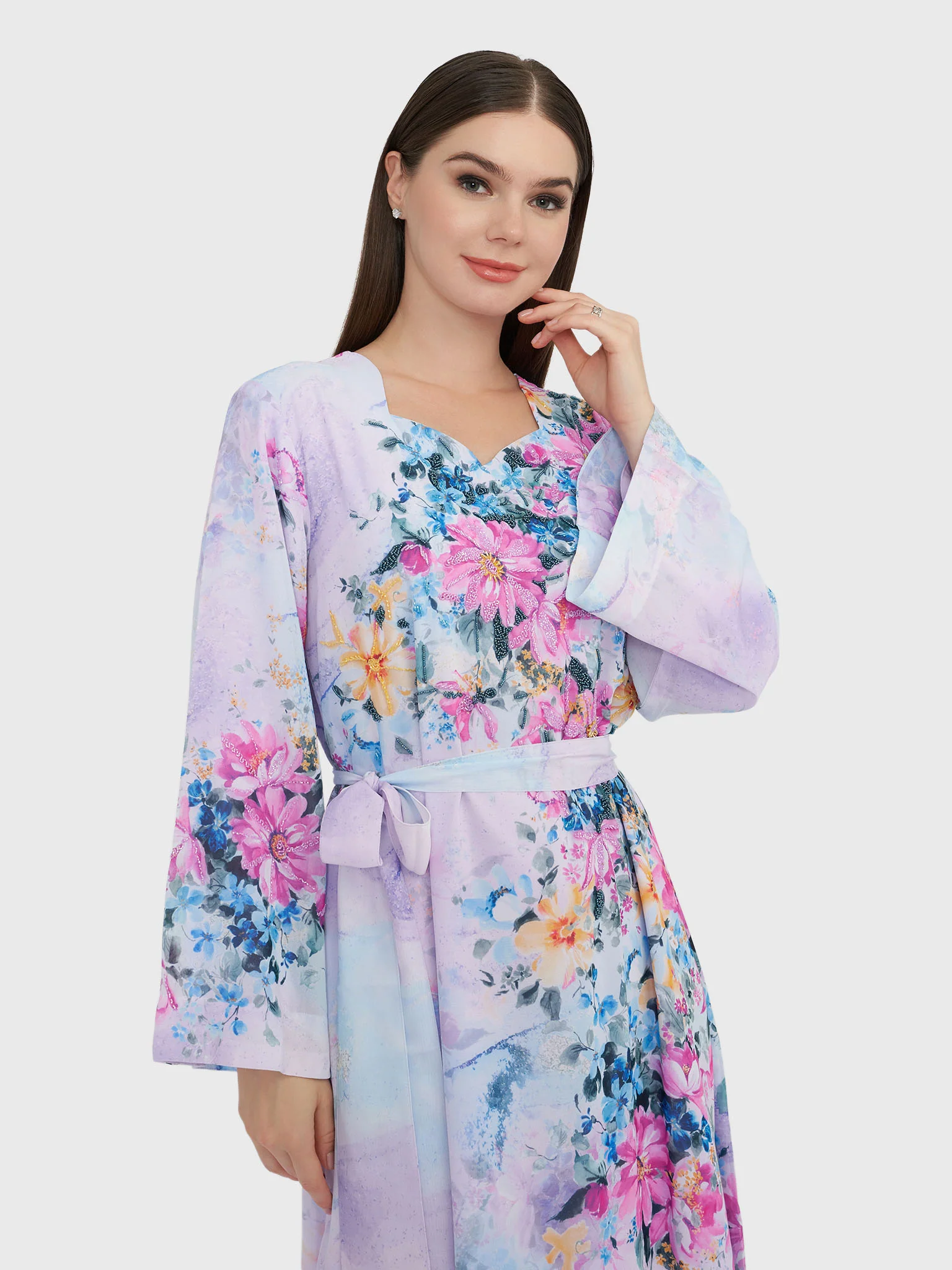 Floral Print Lavender Georgette Maxi Dress (VDU812)
