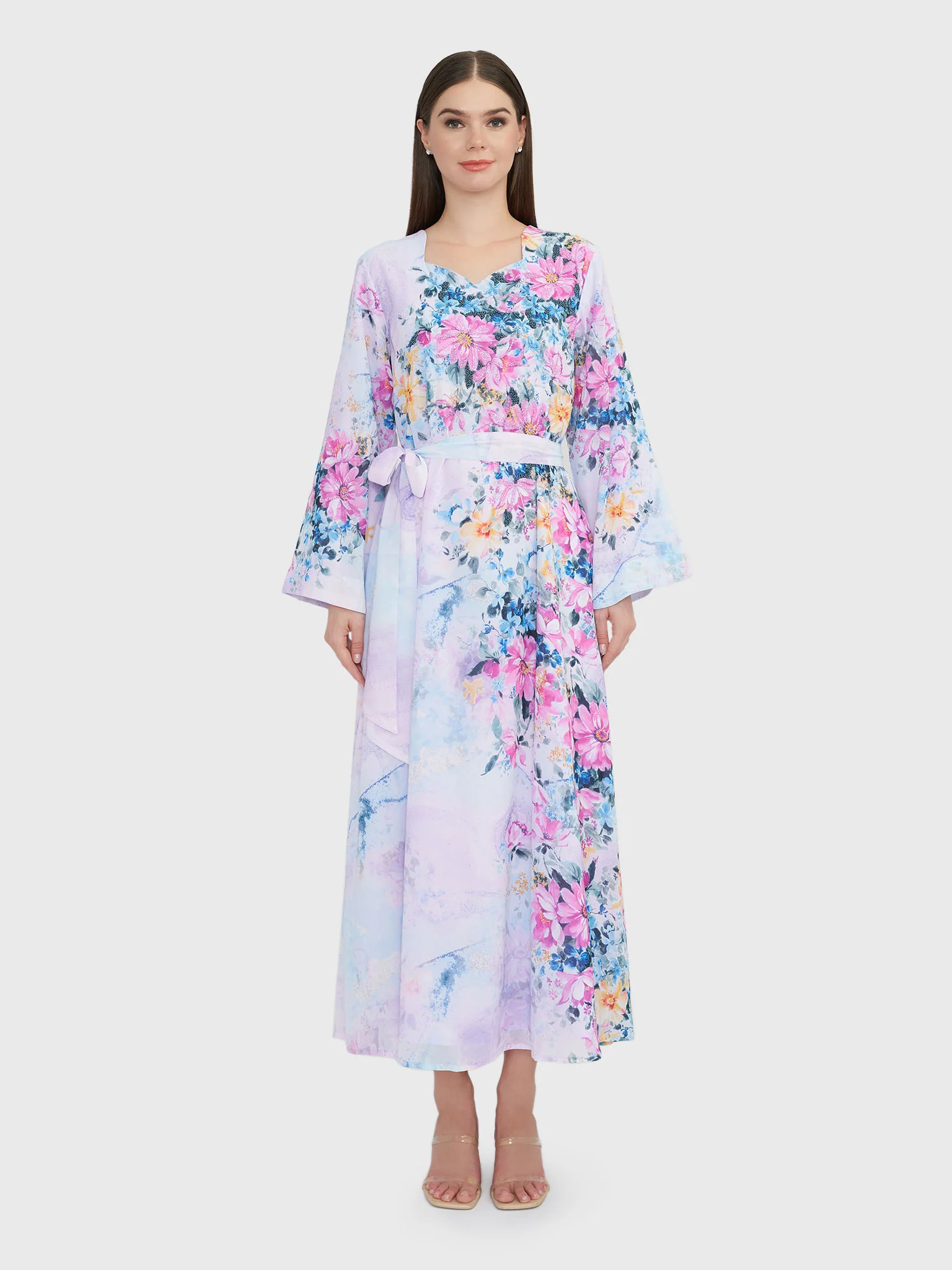 Floral Print Lavender Georgette Maxi Dress (VDU812) - Image 2