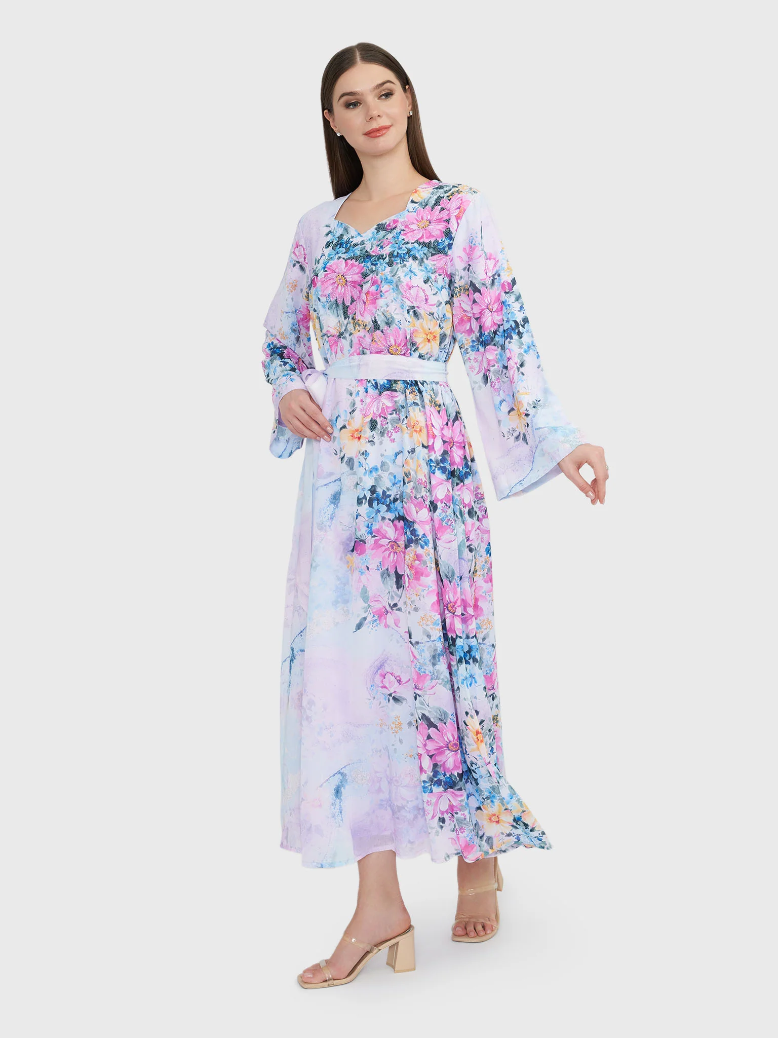 Floral Print Lavender Georgette Maxi Dress (VDU812) - Image 3