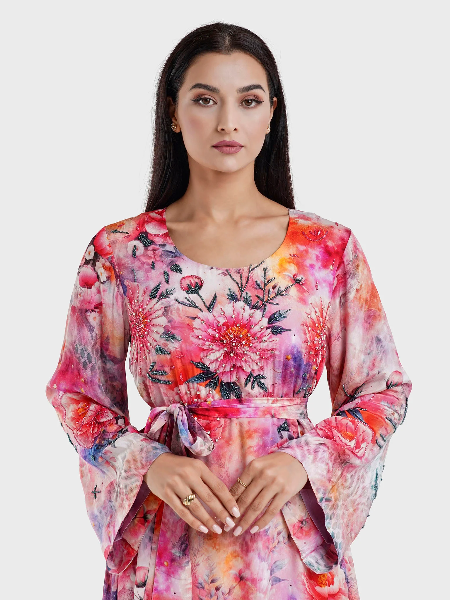 Red Floral Print Dress with Beads Work (VDU814)