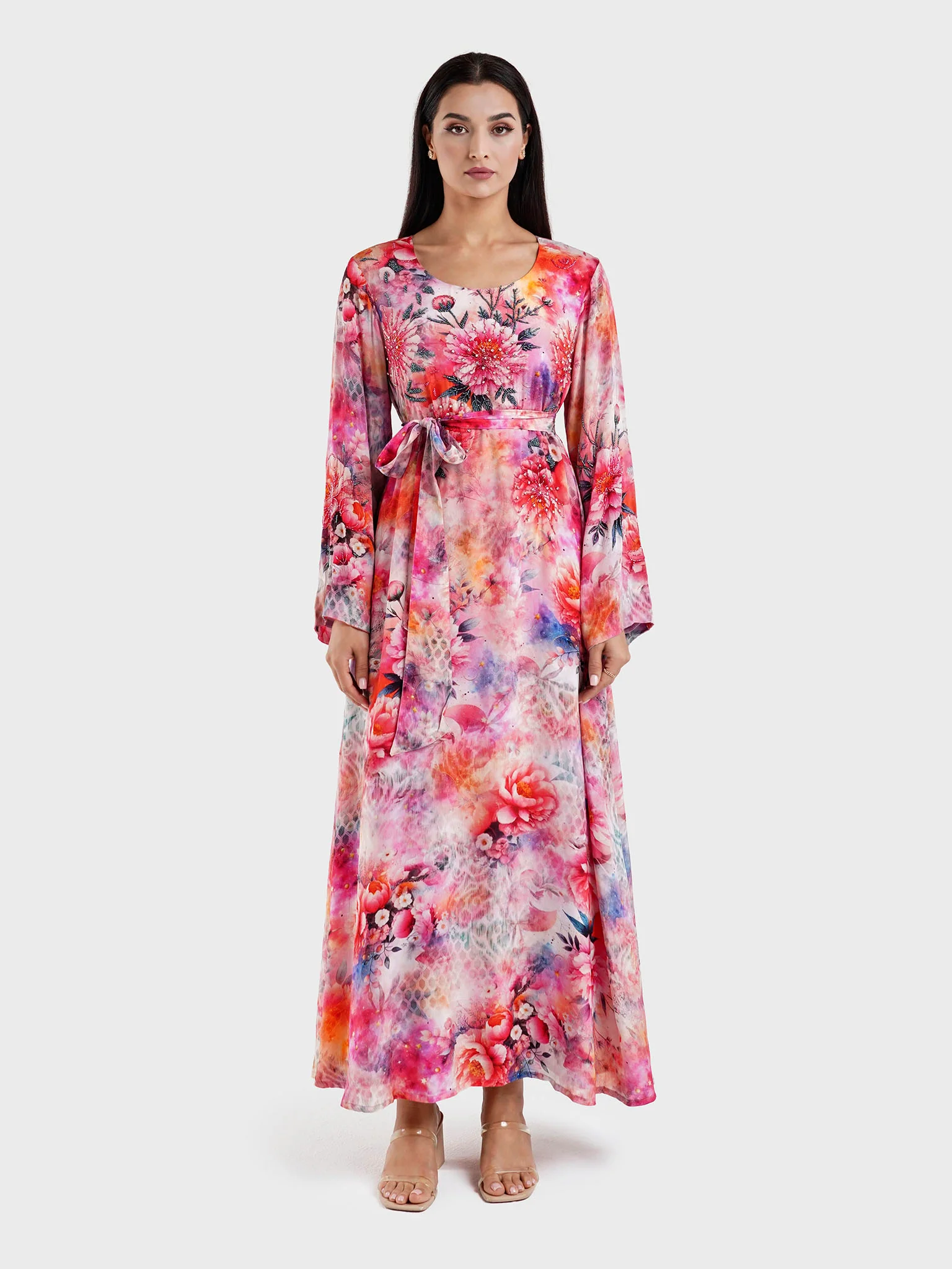 Red Floral Print Dress with Beads Work (VDU814) - Image 2