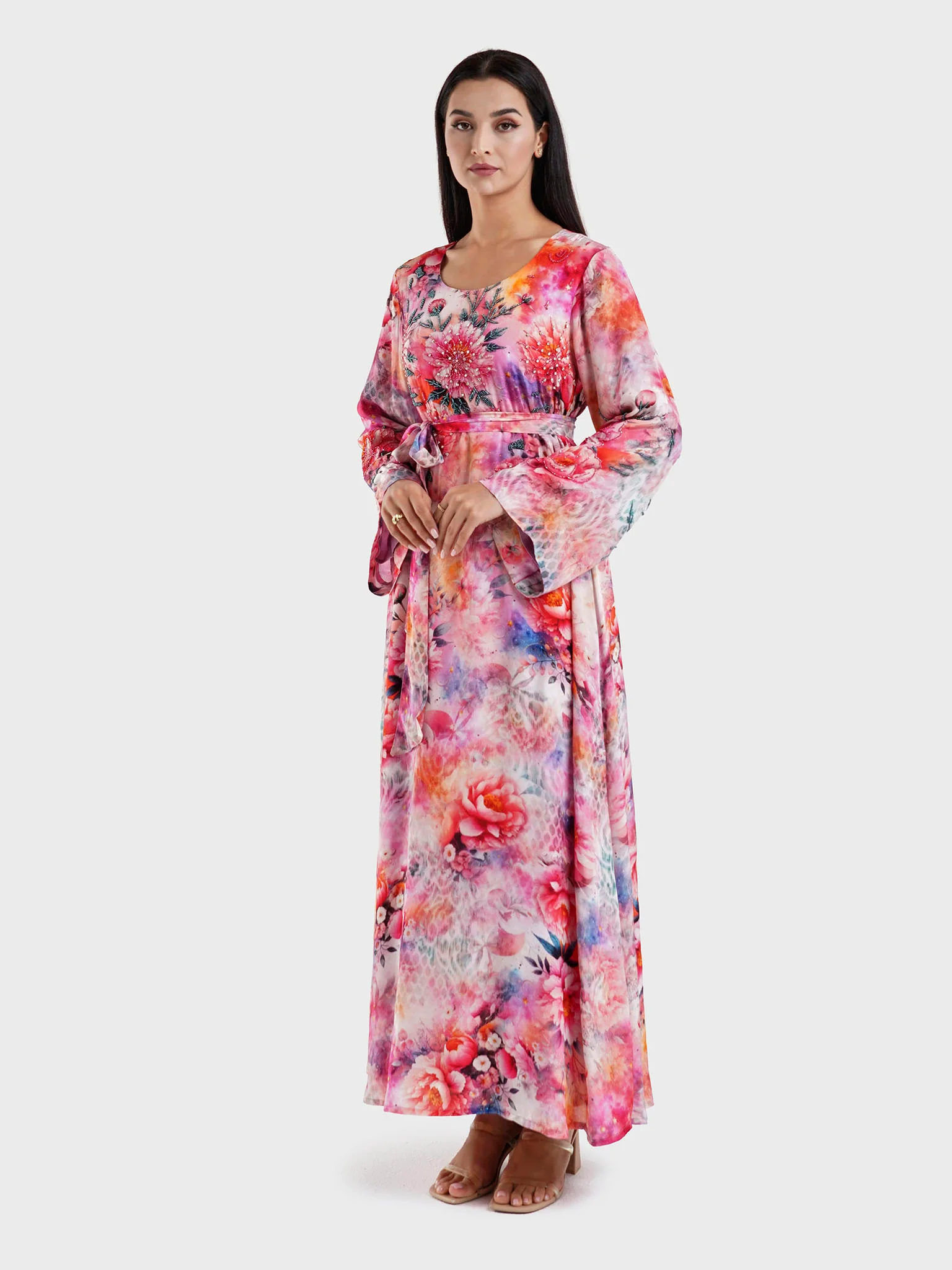 Red Floral Print Dress with Beads Work (VDU814) - Image 3