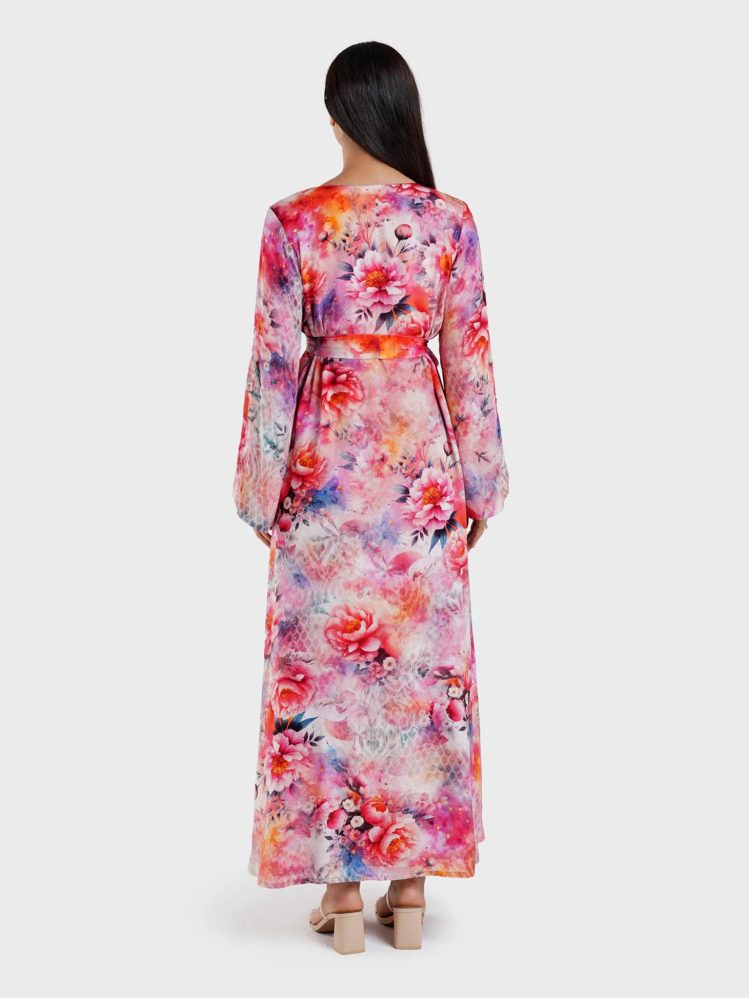 Red Floral Print Dress with Beads Work (VDU814) - Image 4
