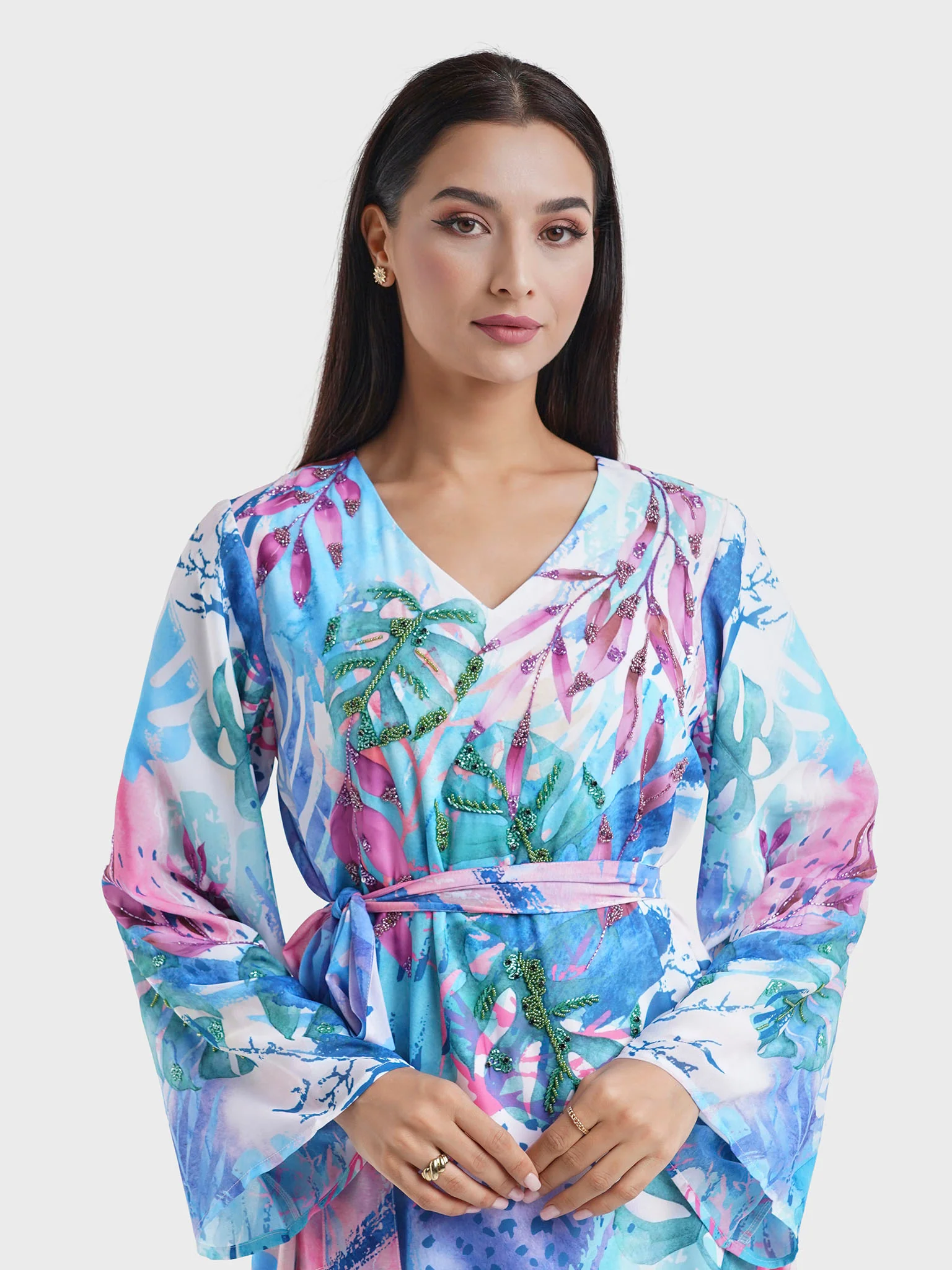 Blue Georgette Tropical Print Long Dress (VDU815)