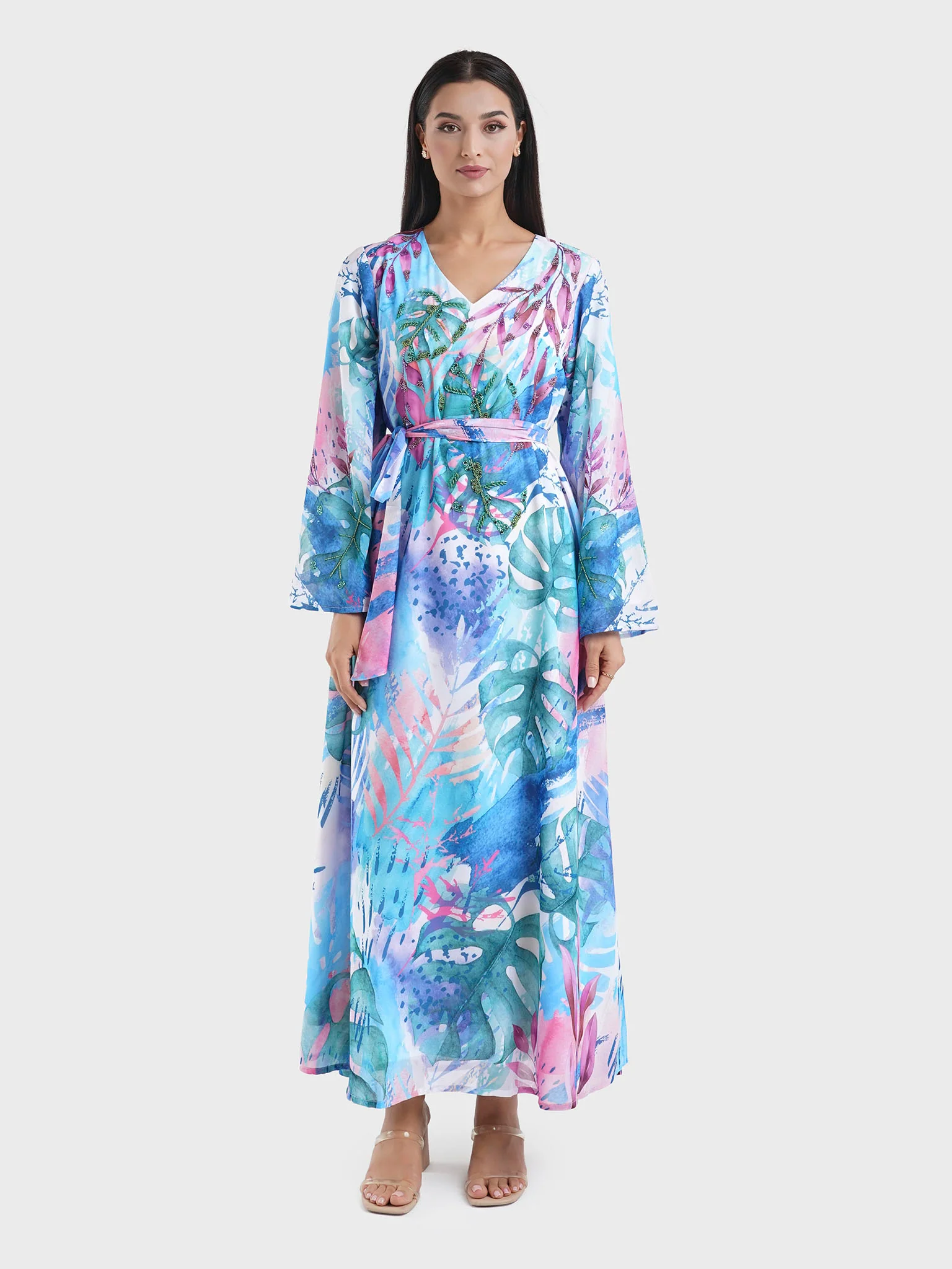 Blue Georgette Tropical Print Long Dress (VDU815) - Image 2
