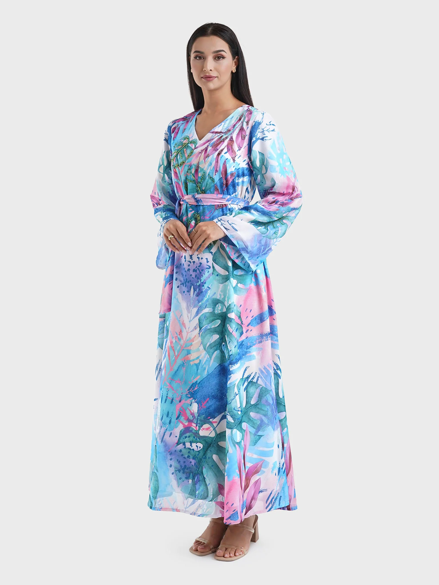 Blue Georgette Tropical Print Long Dress (VDU815) - Image 3
