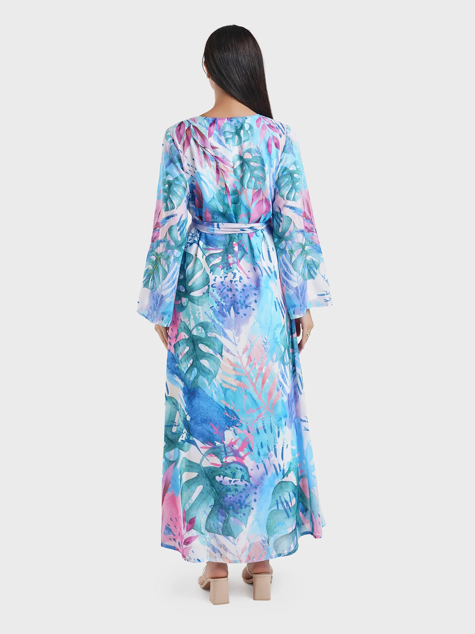 Blue Georgette Tropical Print Long Dress (VDU815) - Image 4