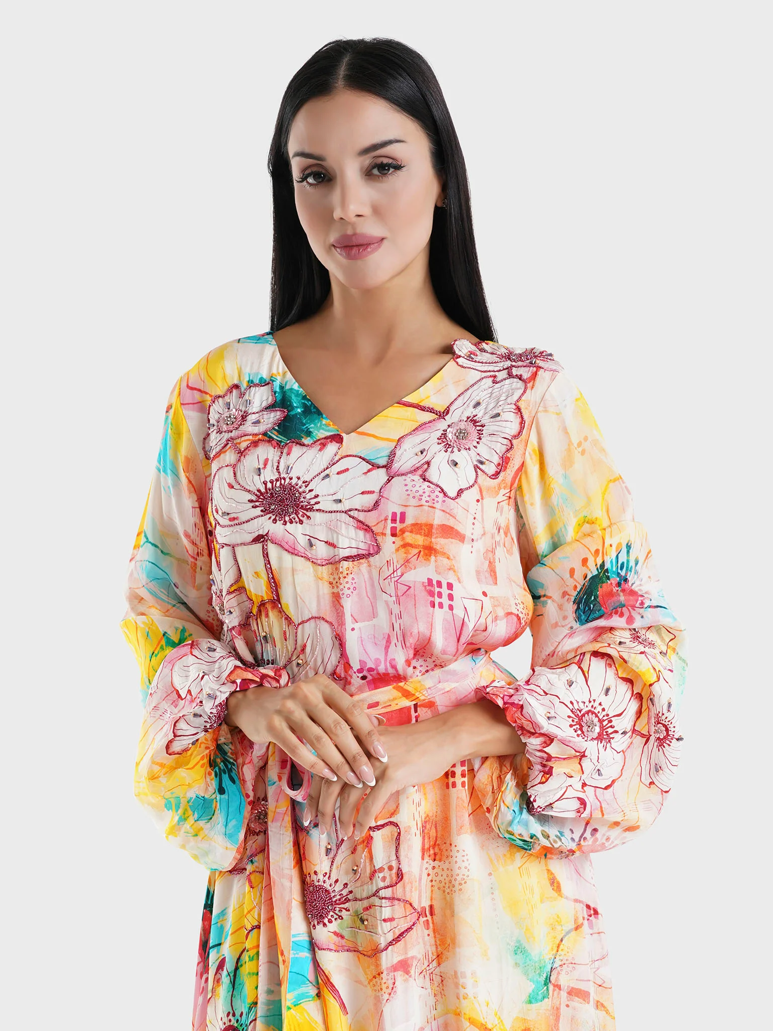 Peach Floral Printed Viscose Crepe Hand Work Maxi Dress (VDU818)