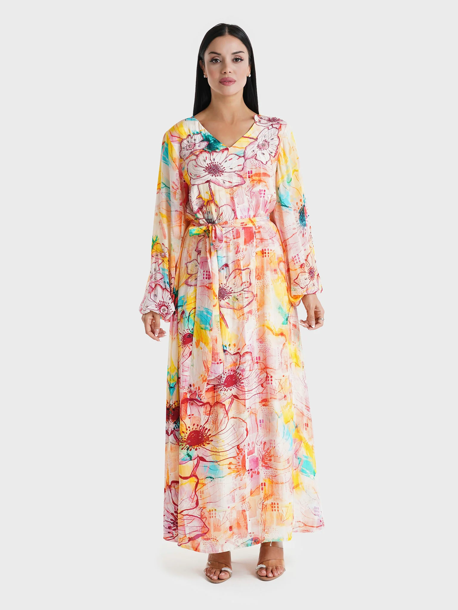 Peach Floral Printed Viscose Crepe Hand Work Maxi Dress (VDU818) - Image 2
