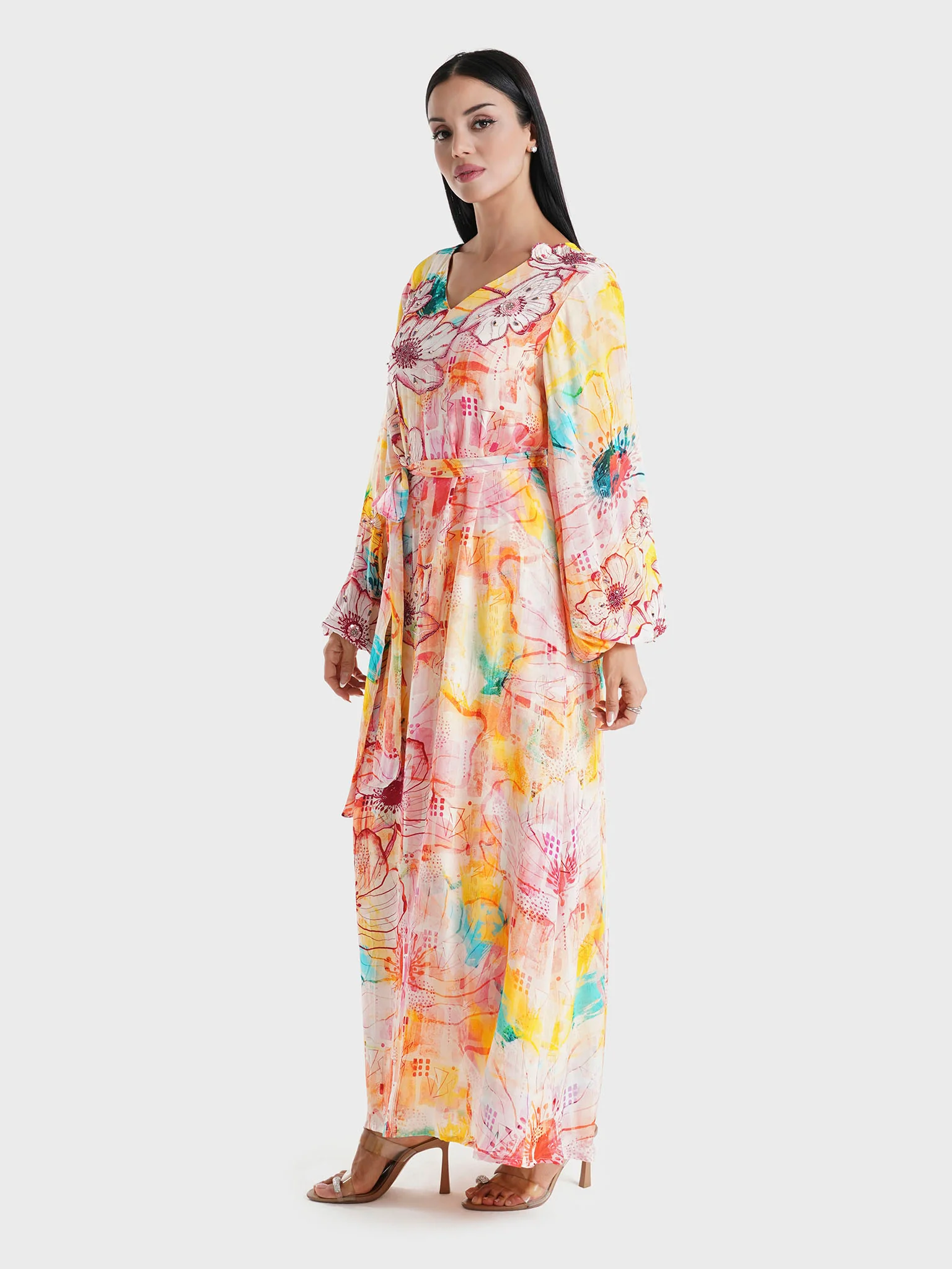 Peach Floral Printed Viscose Crepe Hand Work Maxi Dress (VDU818) - Image 3