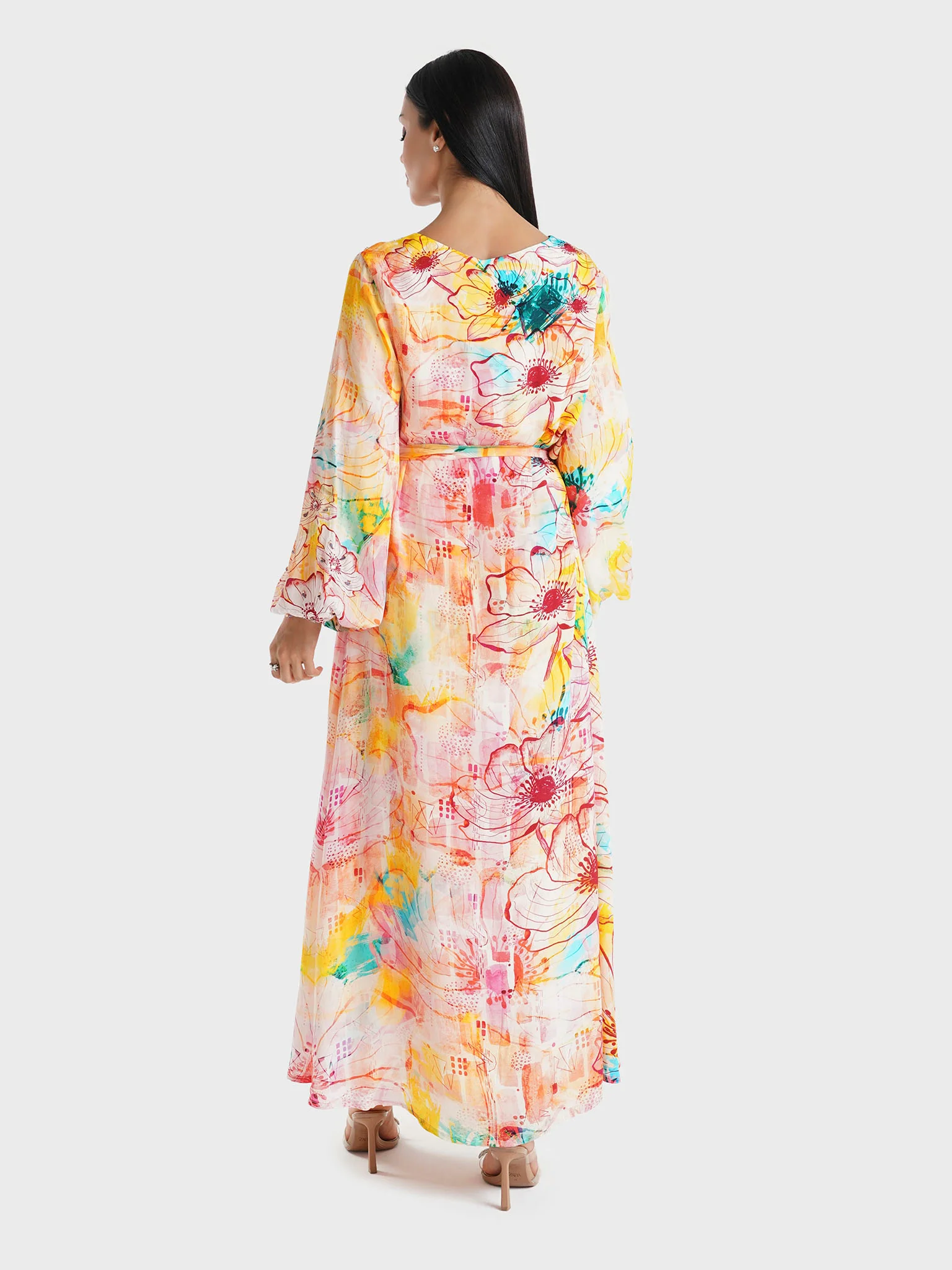 Peach Floral Printed Viscose Crepe Hand Work Maxi Dress (VDU818) - Image 4