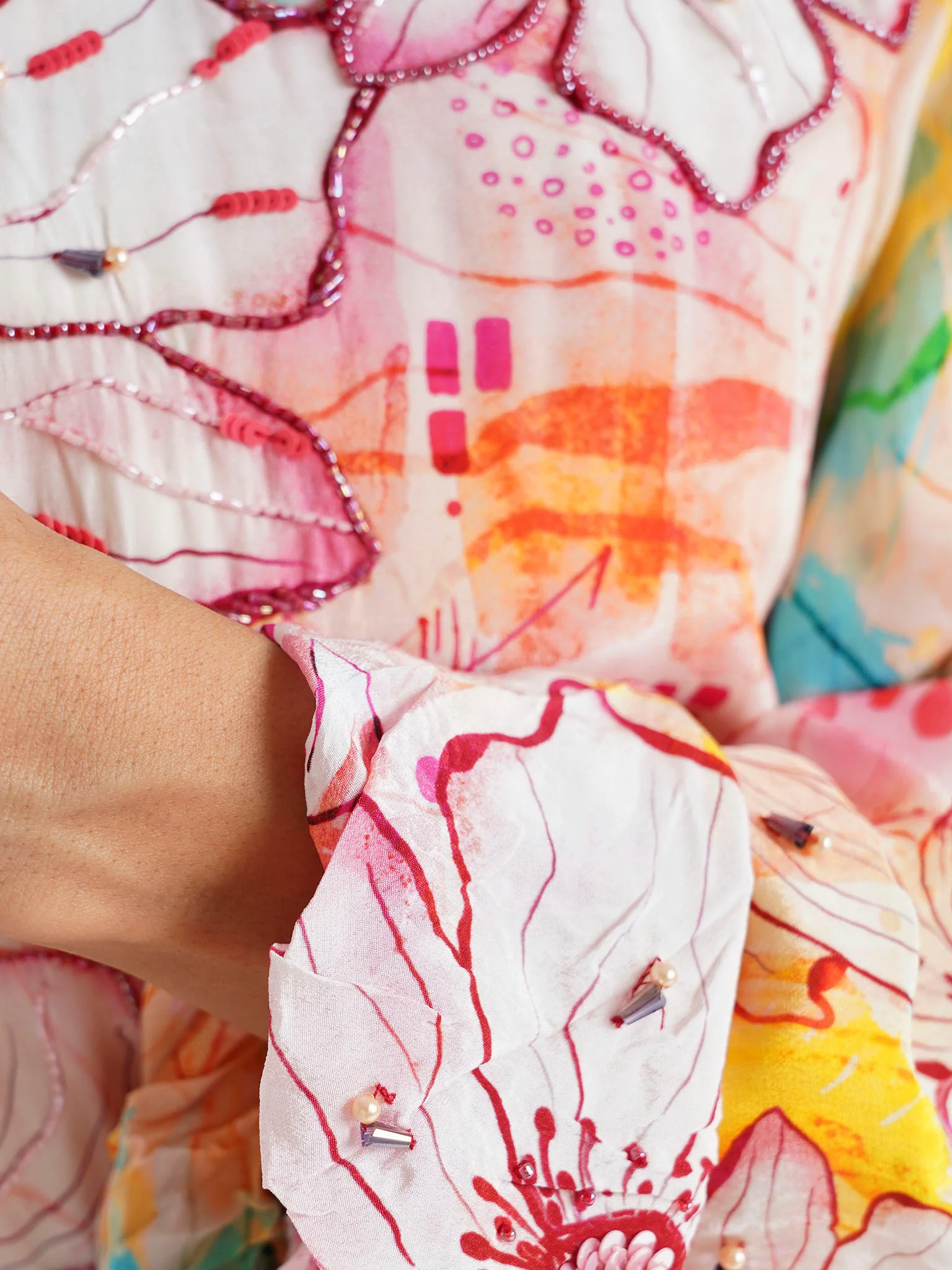 Peach Floral Printed Viscose Crepe Hand Work Maxi Dress (VDU818) - Image 5