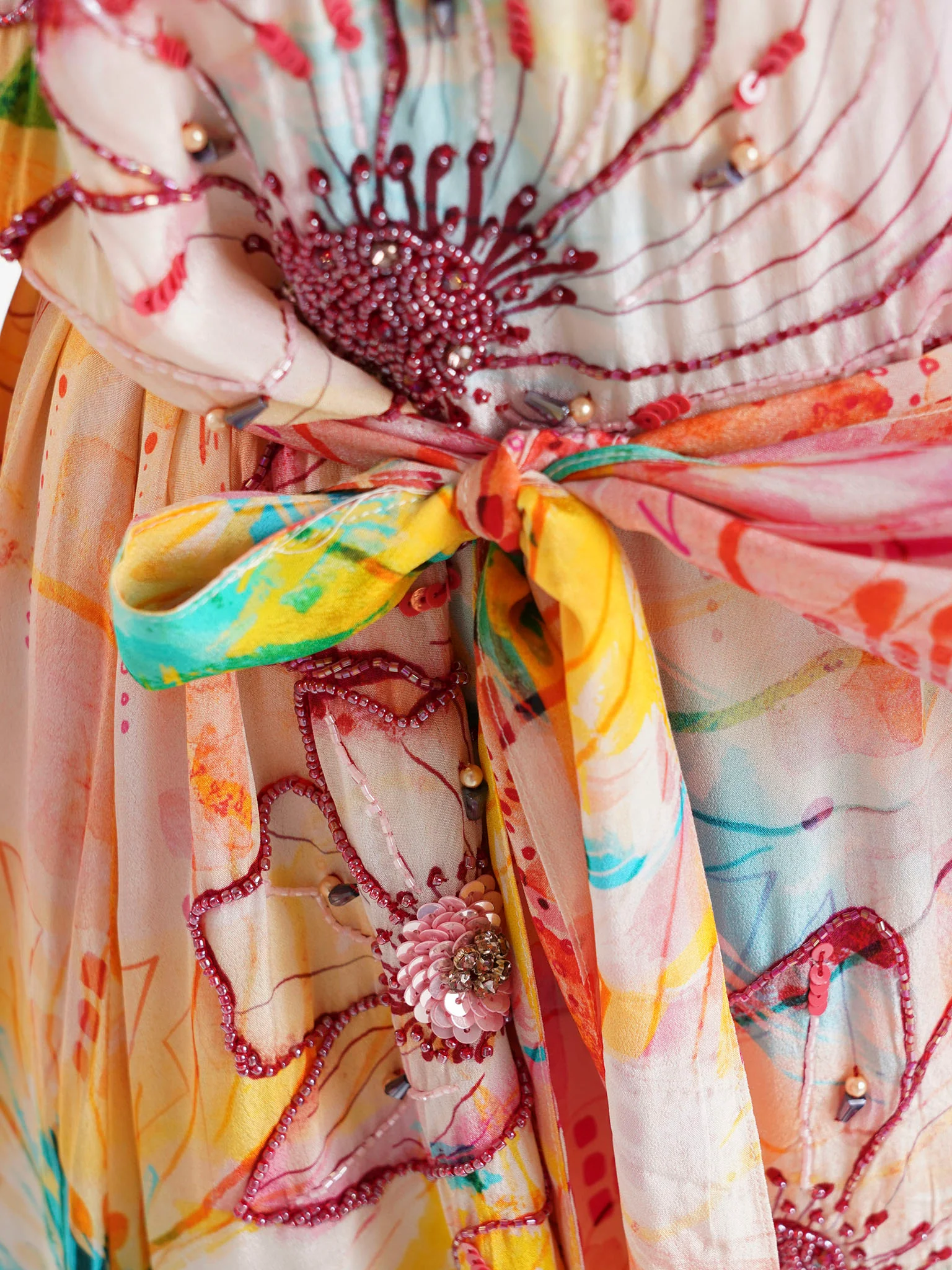 Peach Floral Printed Viscose Crepe Hand Work Maxi Dress (VDU818) - Image 6