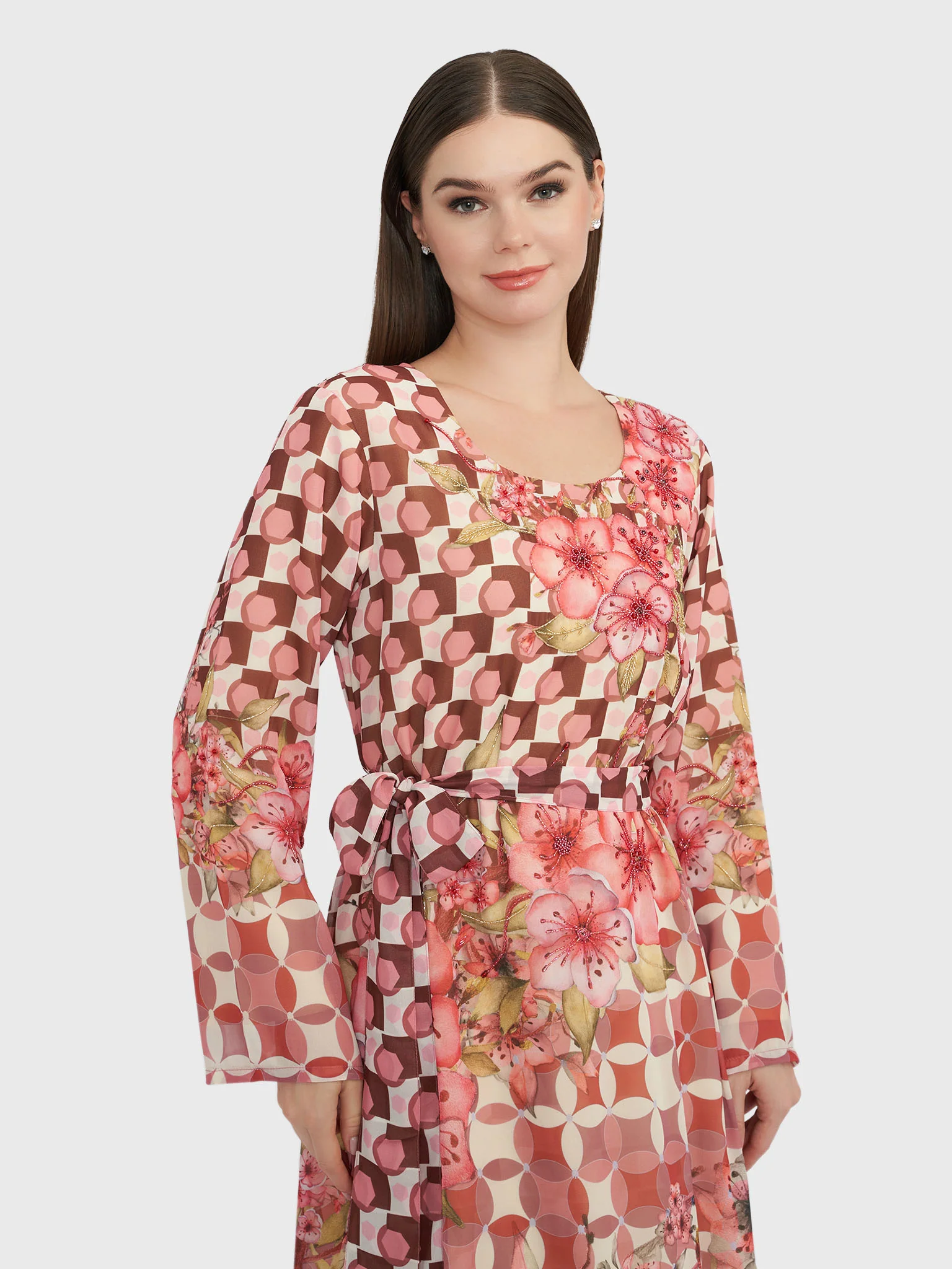 Oldrose Geometric Beadwork Georgette Maxi Dress (VDU819)