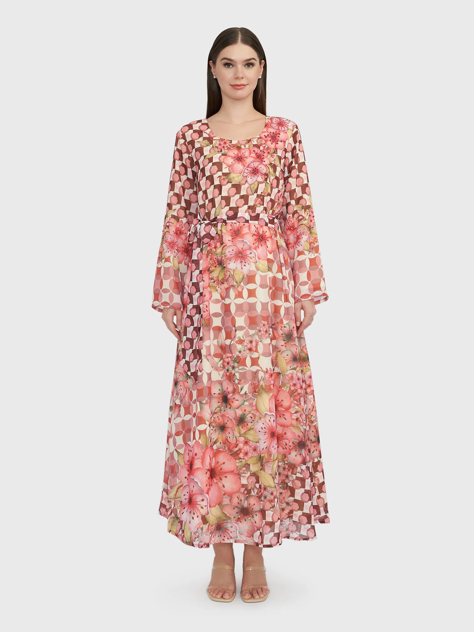 Oldrose Geometric Beadwork Georgette Maxi Dress (VDU819) - Image 2