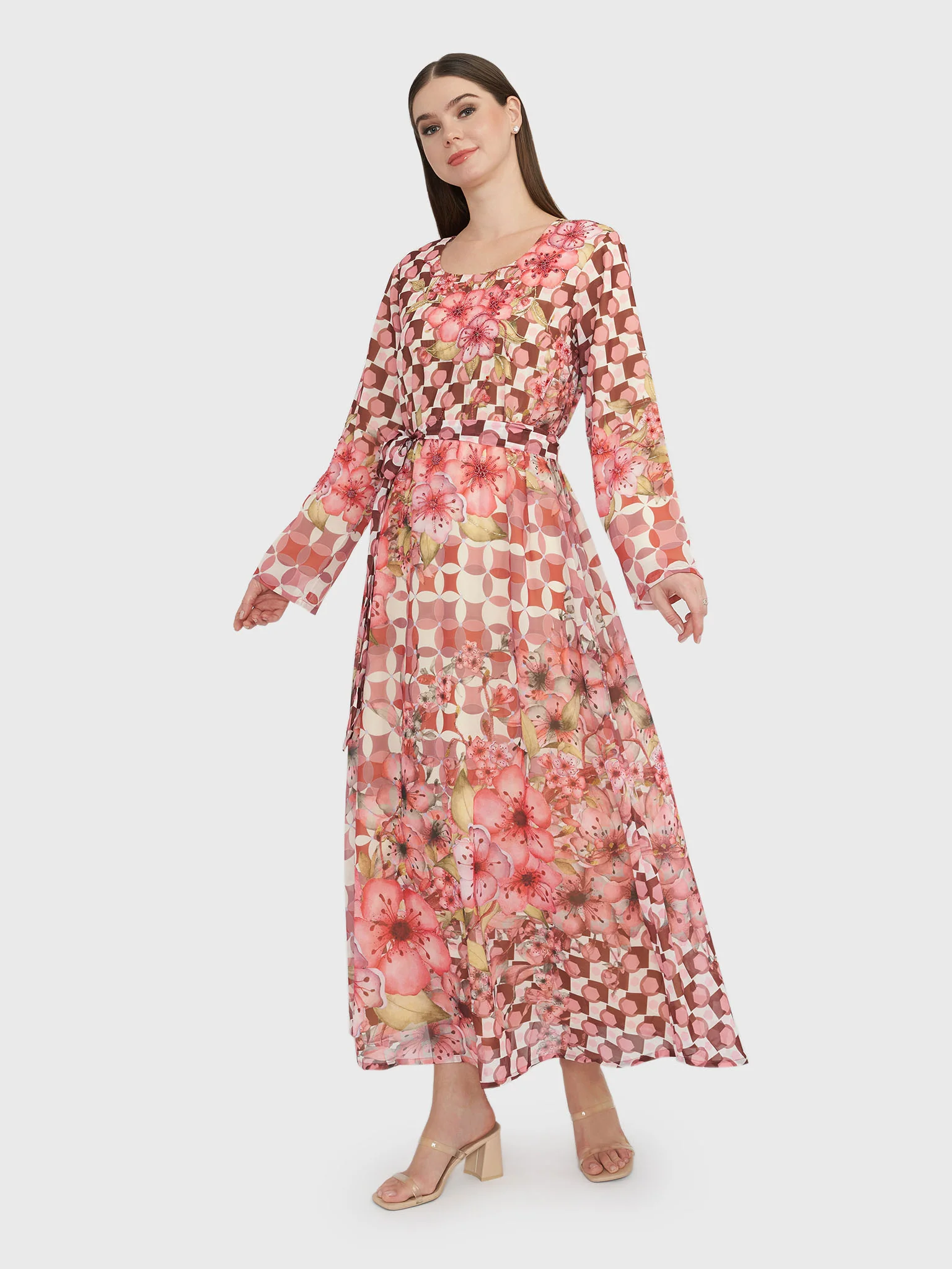 Oldrose Geometric Beadwork Georgette Maxi Dress (VDU819) - Image 3