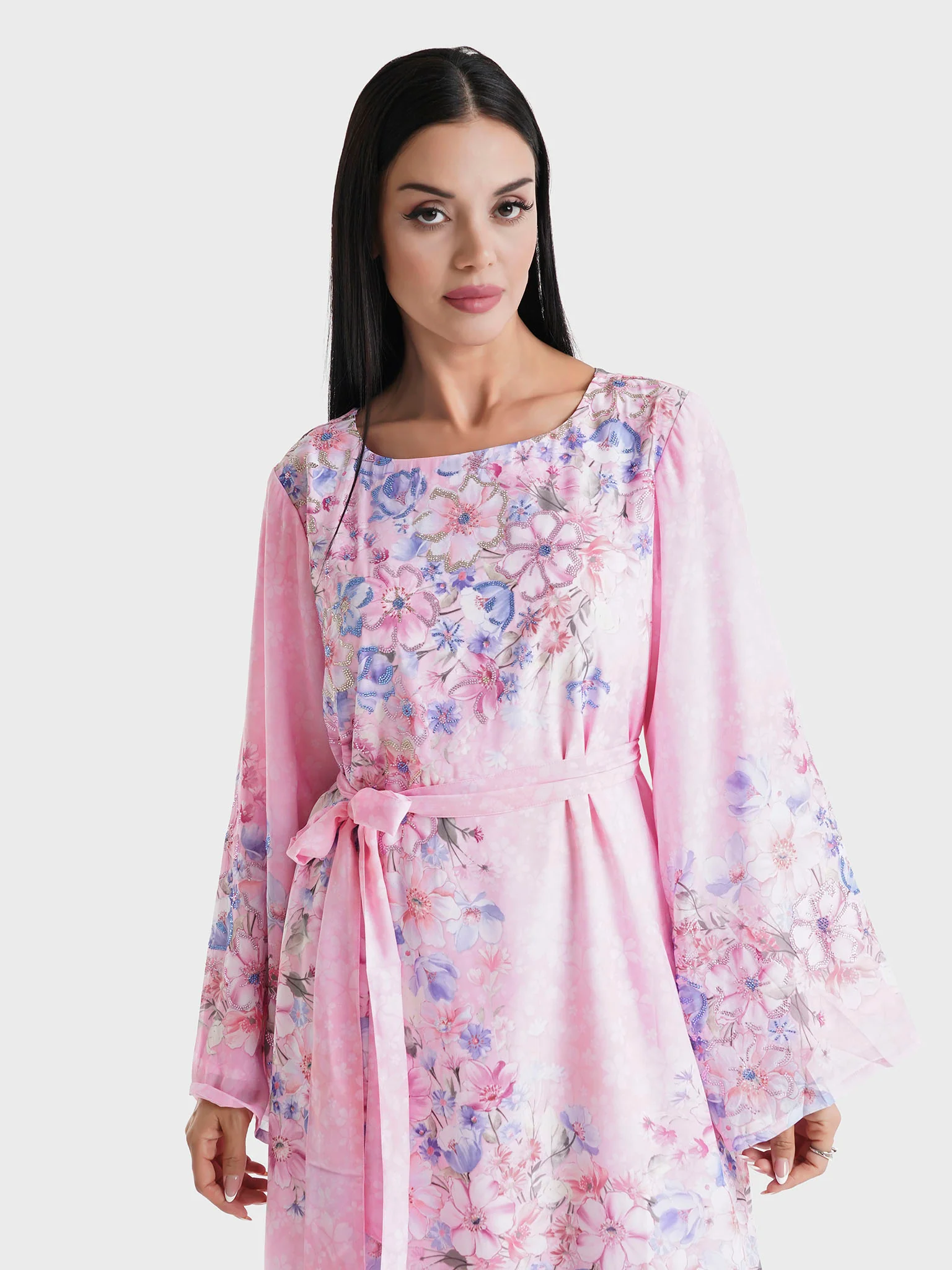 Pink Floral Printed Faux Georgette Stone Work Maxi Dress (VDU820)