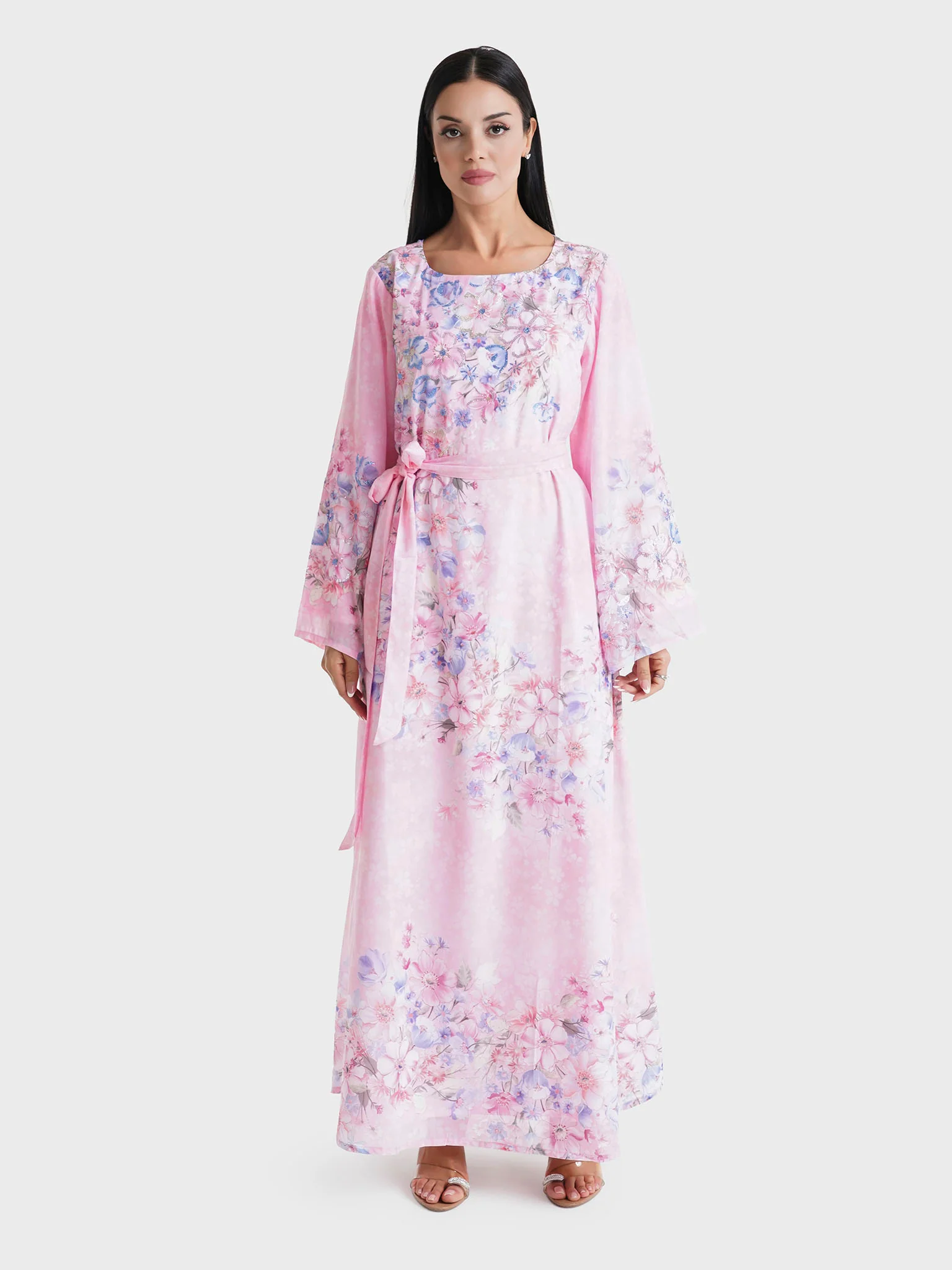 Pink Floral Printed Faux Georgette Stone Work Maxi Dress (VDU820) - Image 2