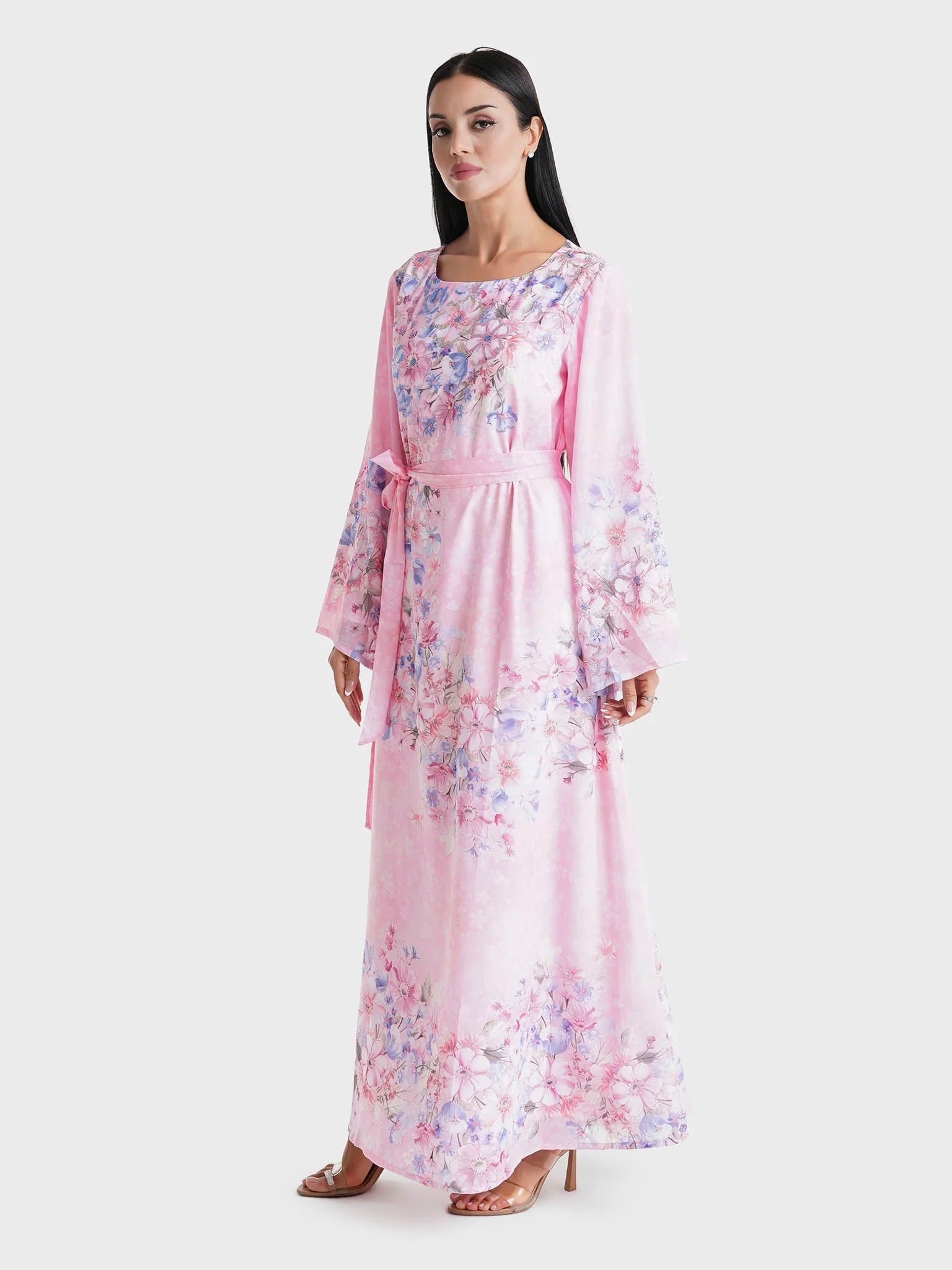 Pink Floral Printed Faux Georgette Stone Work Maxi Dress (VDU820) - Image 3