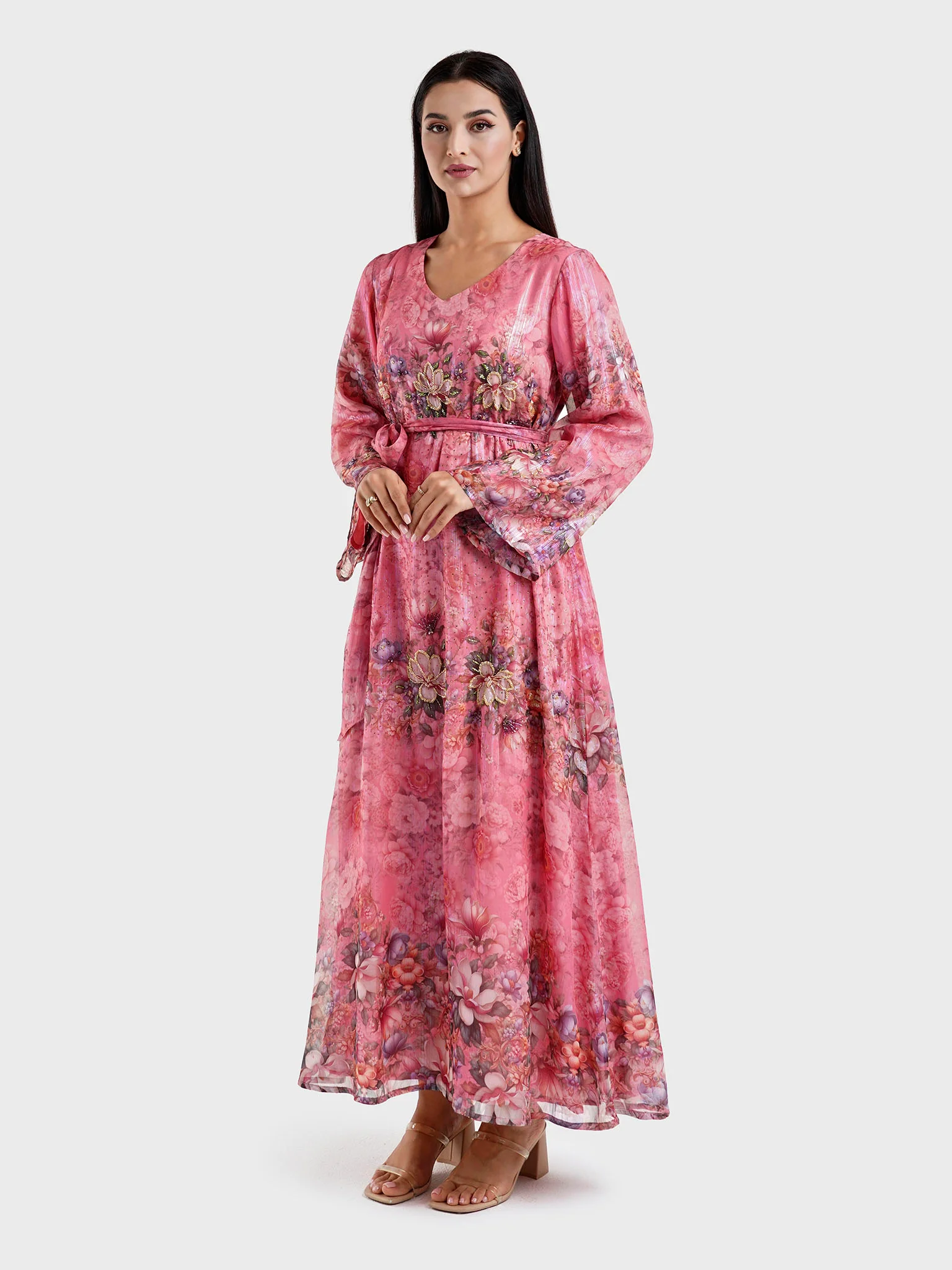 Floral Printed Shiny Rose Pink Handwork Dress (VDU821) - Image 3