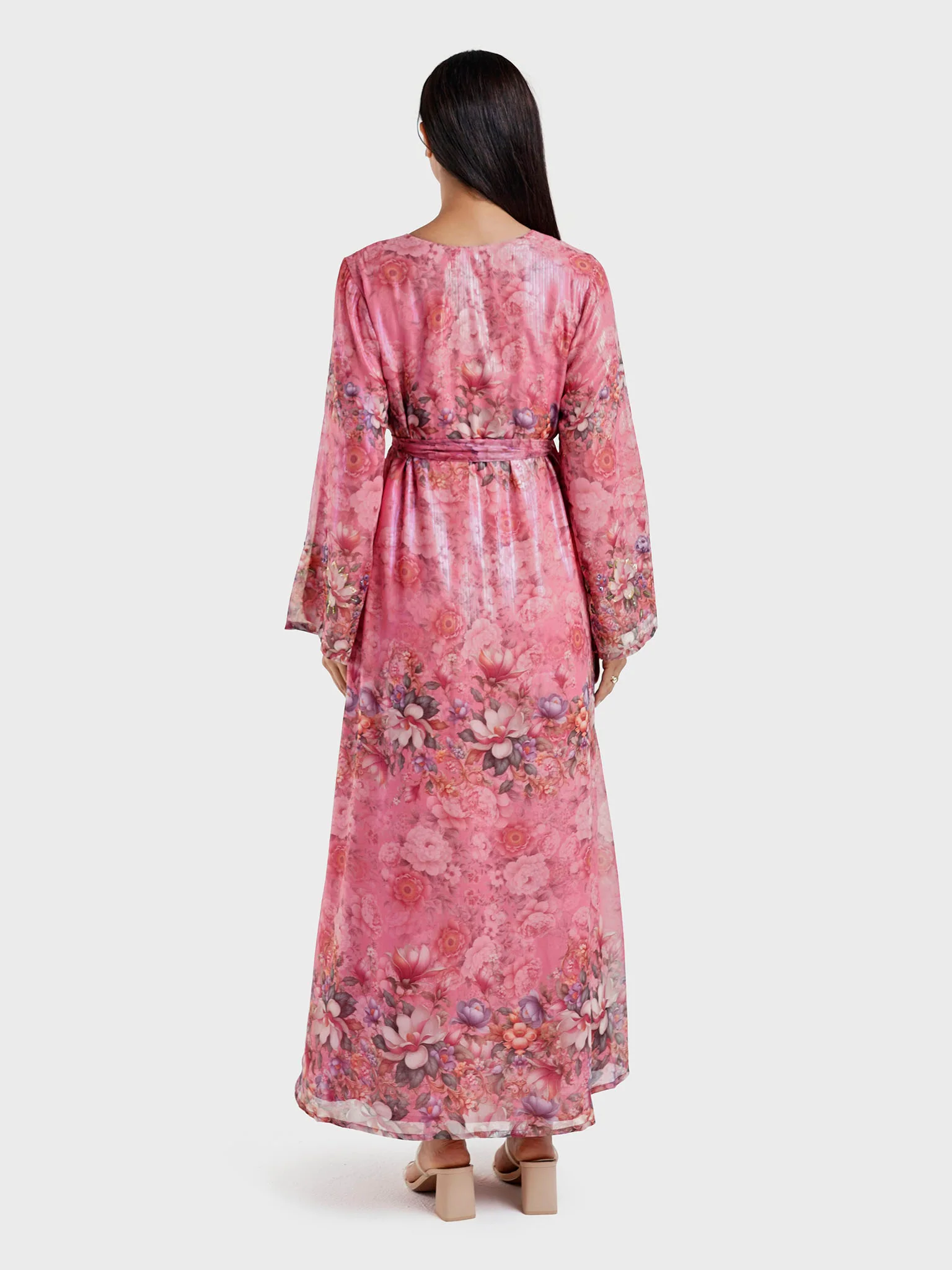 Floral Printed Shiny Rose Pink Handwork Dress (VDU821) - Image 4