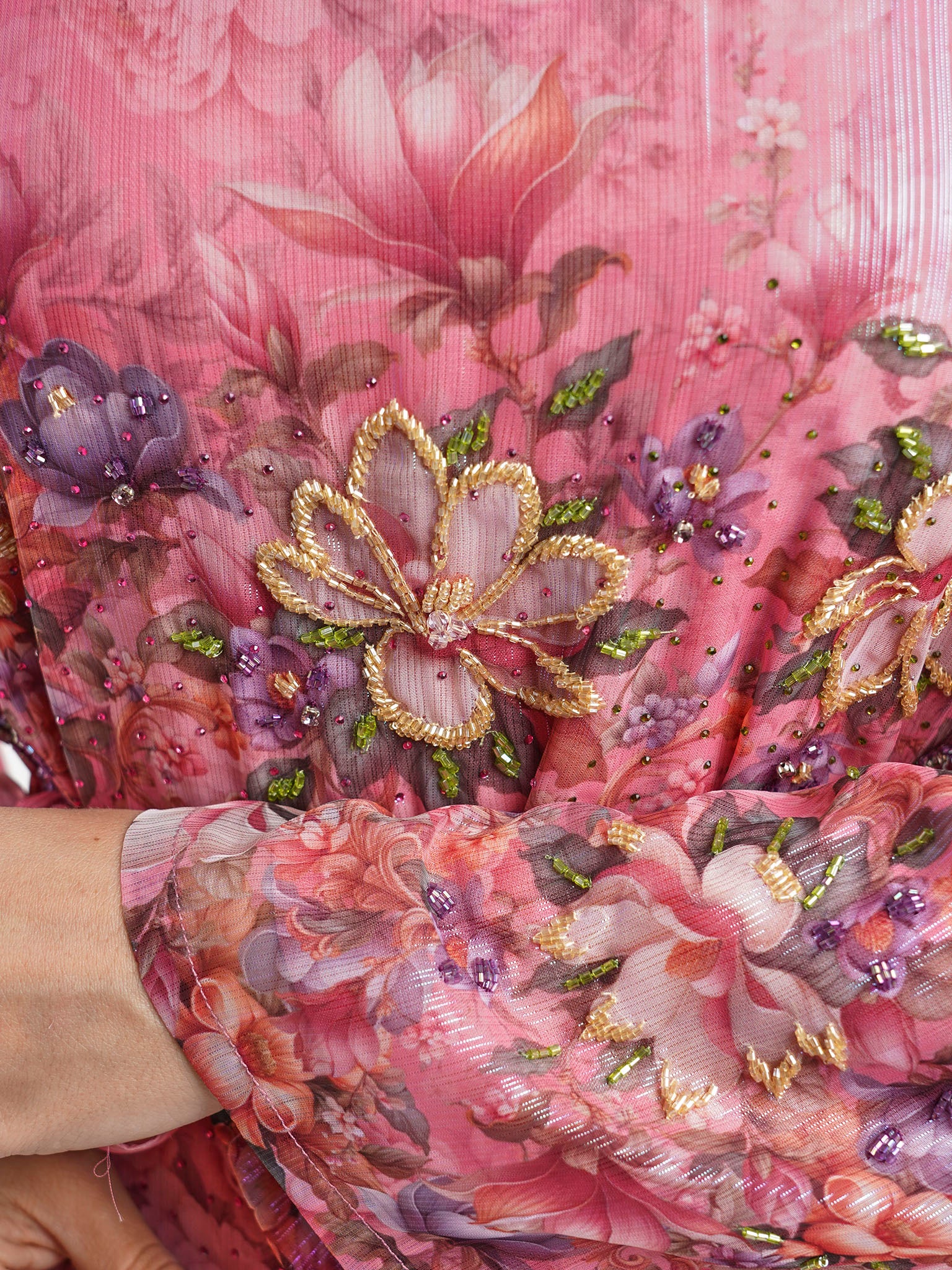 Floral Printed Shiny Rose Pink Handwork Dress (VDU821) - Image 5