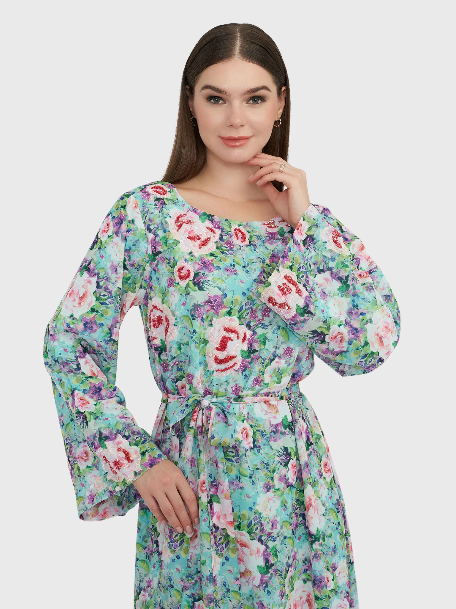 Green Floral Print Georgette Handwork Maxi Dress (VW208)