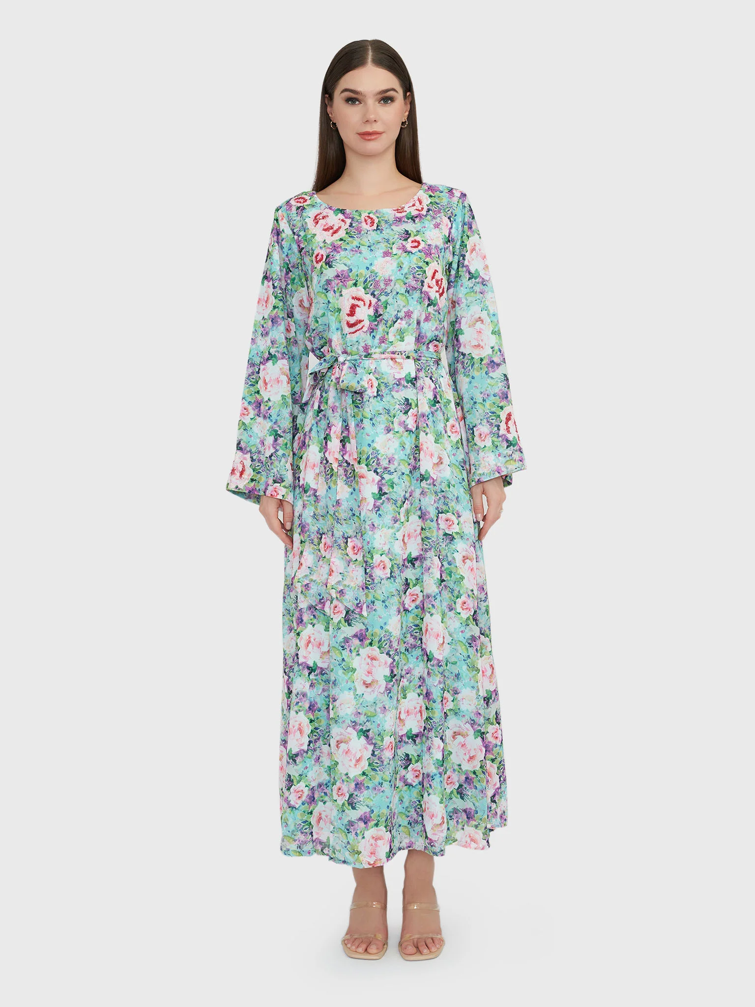 Green Floral Print Georgette Handwork Maxi Dress (VW208) - Image 2