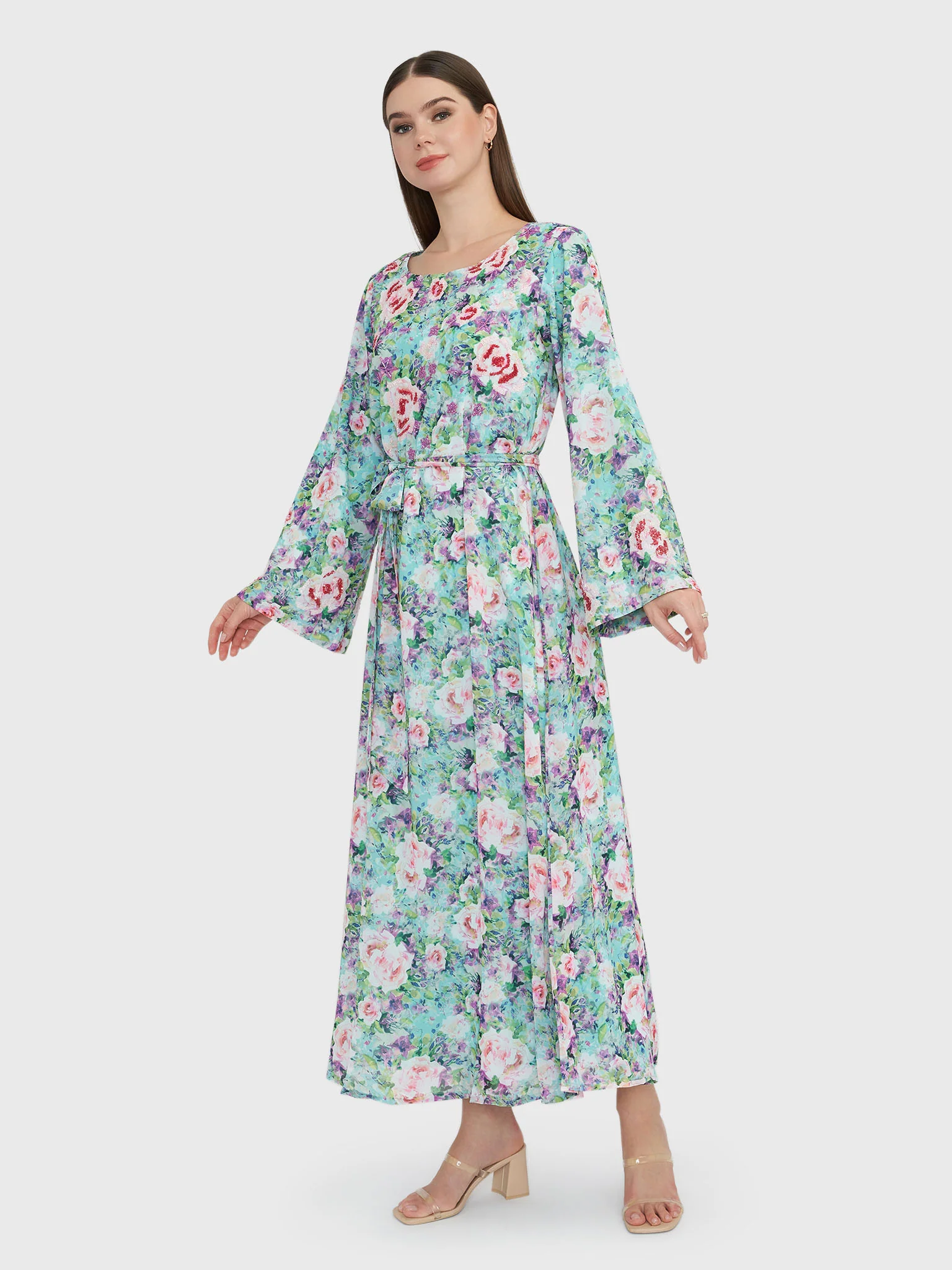 Green Floral Print Georgette Handwork Maxi Dress (VW208) - Image 3