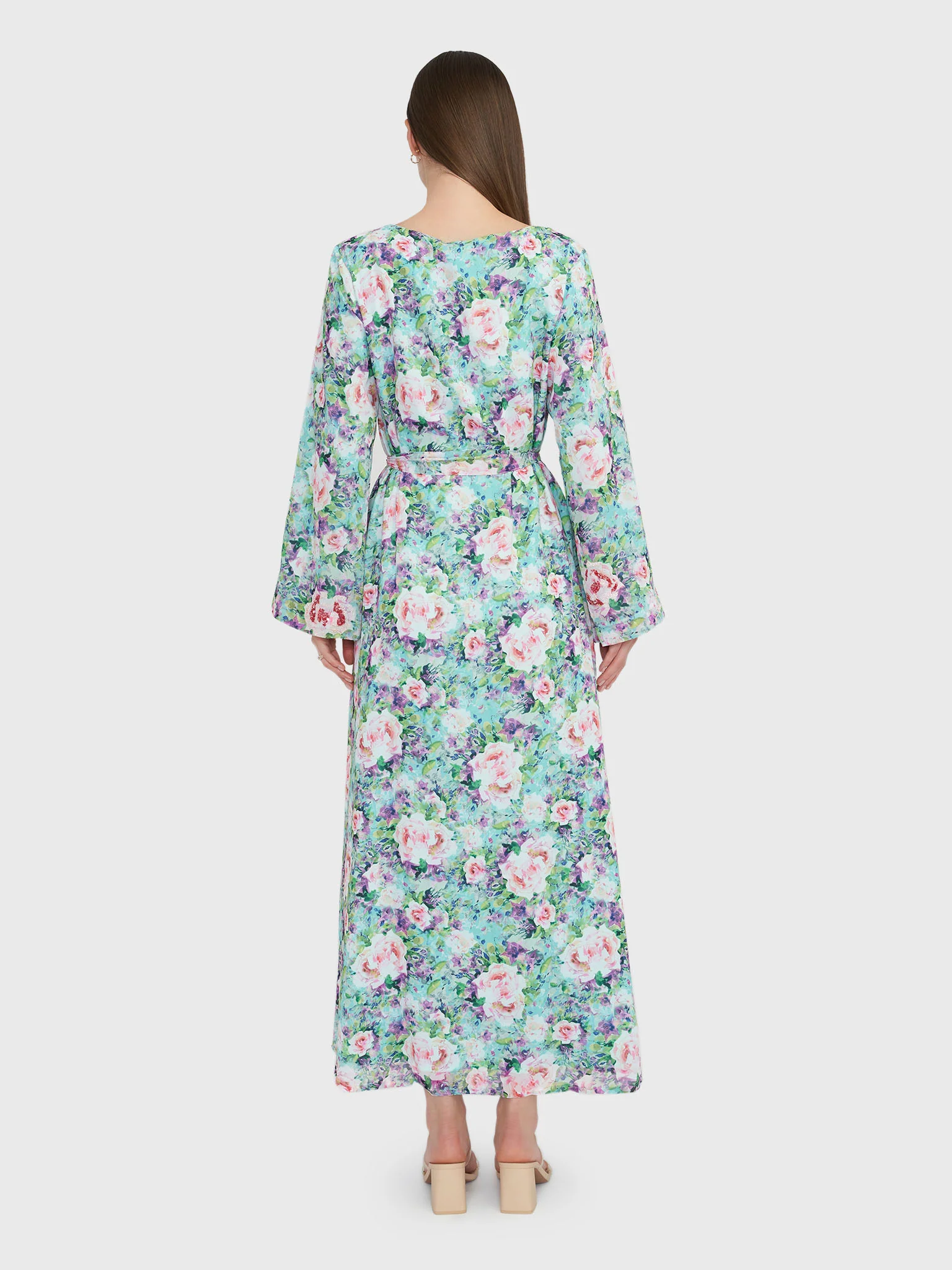 Green Floral Print Georgette Handwork Maxi Dress (VW208) - Image 4
