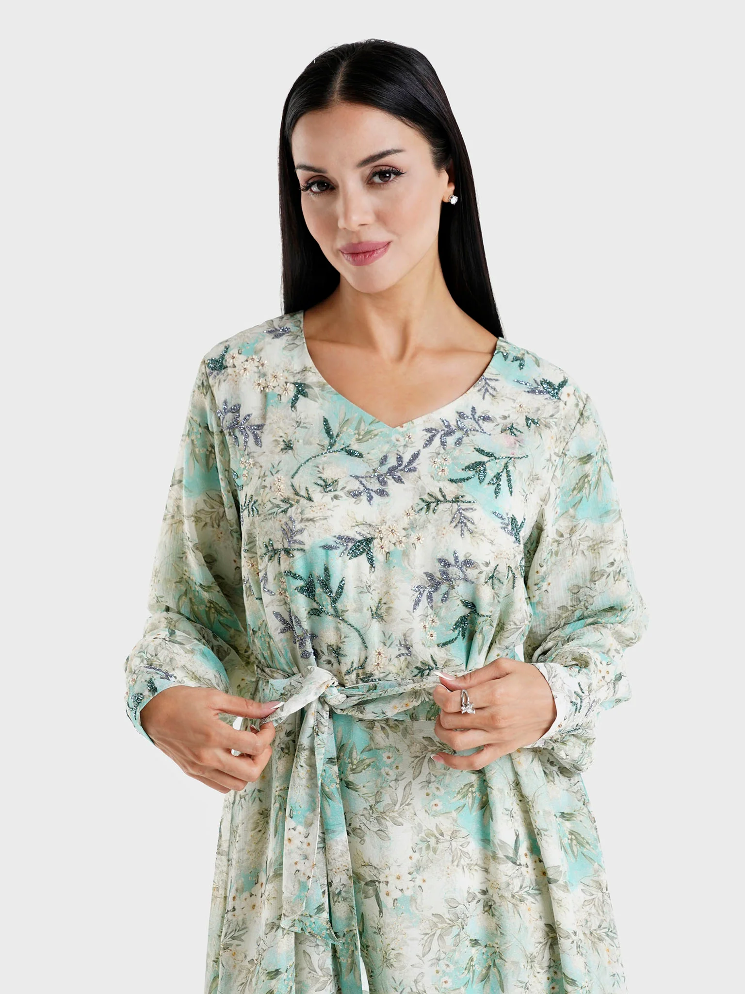 Green Floral Printed Chiffon Hand Work Maxi Dress (VW214)